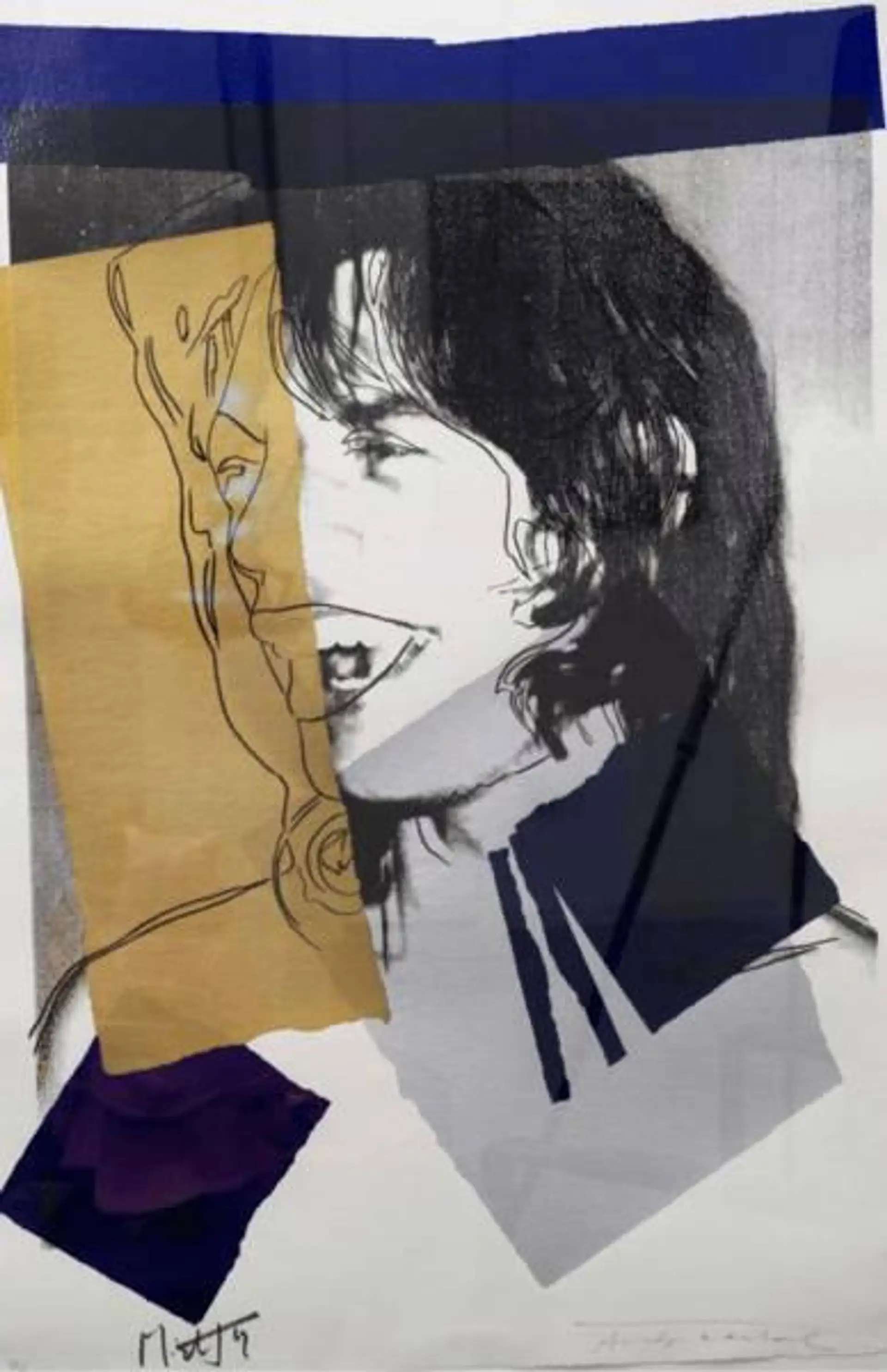 A screenprint by Andy Warhol depicting Mick Jagger in black ink against a background of collaged colour panels in dark blue, grey, and gold. The print is signed by both Warhol and Jagger at the bottom of the composition.