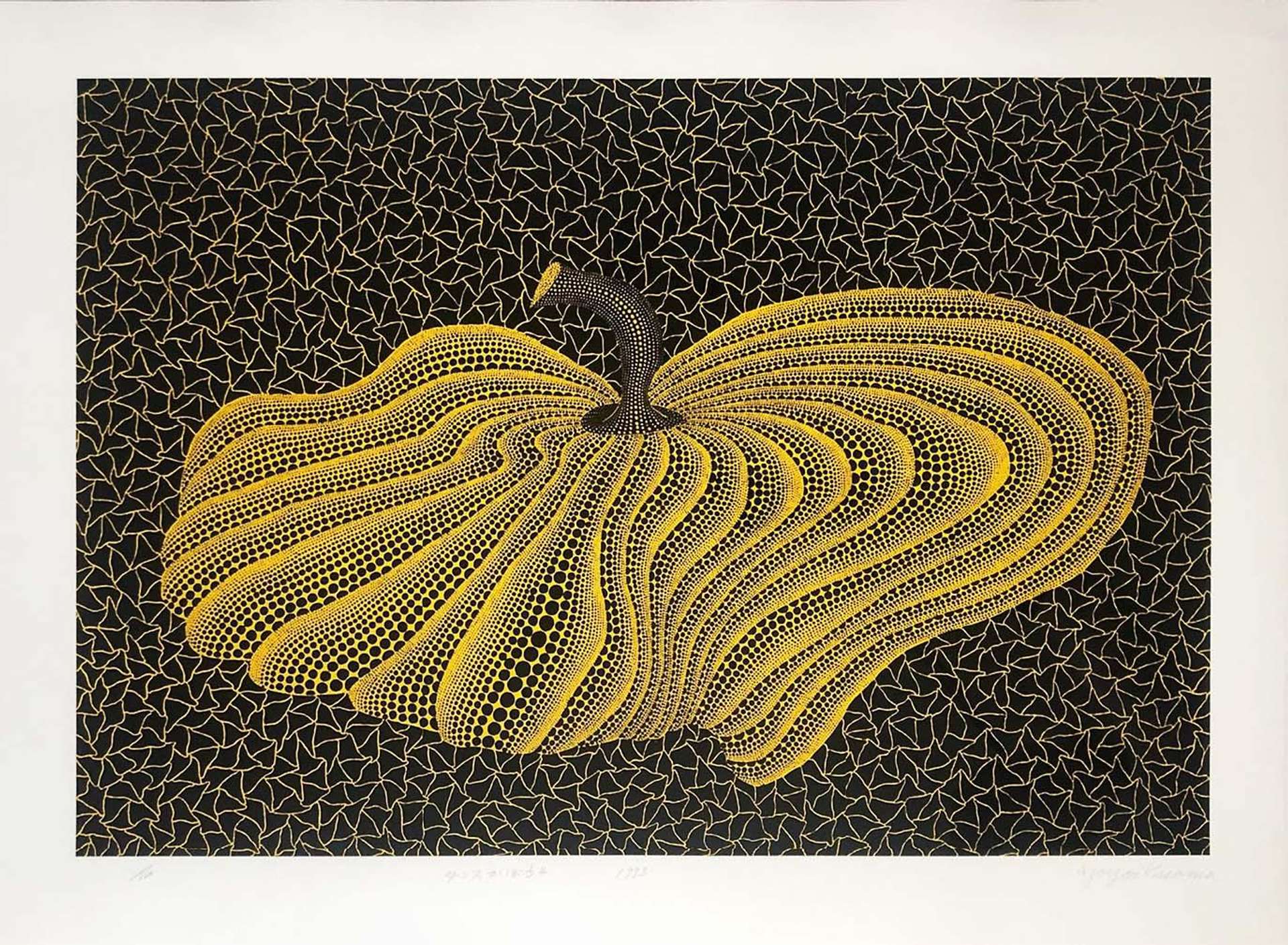 A screenprint by Yayoi Kusama depicting a yellow warped pumpkin against a black and yellow patterned background
