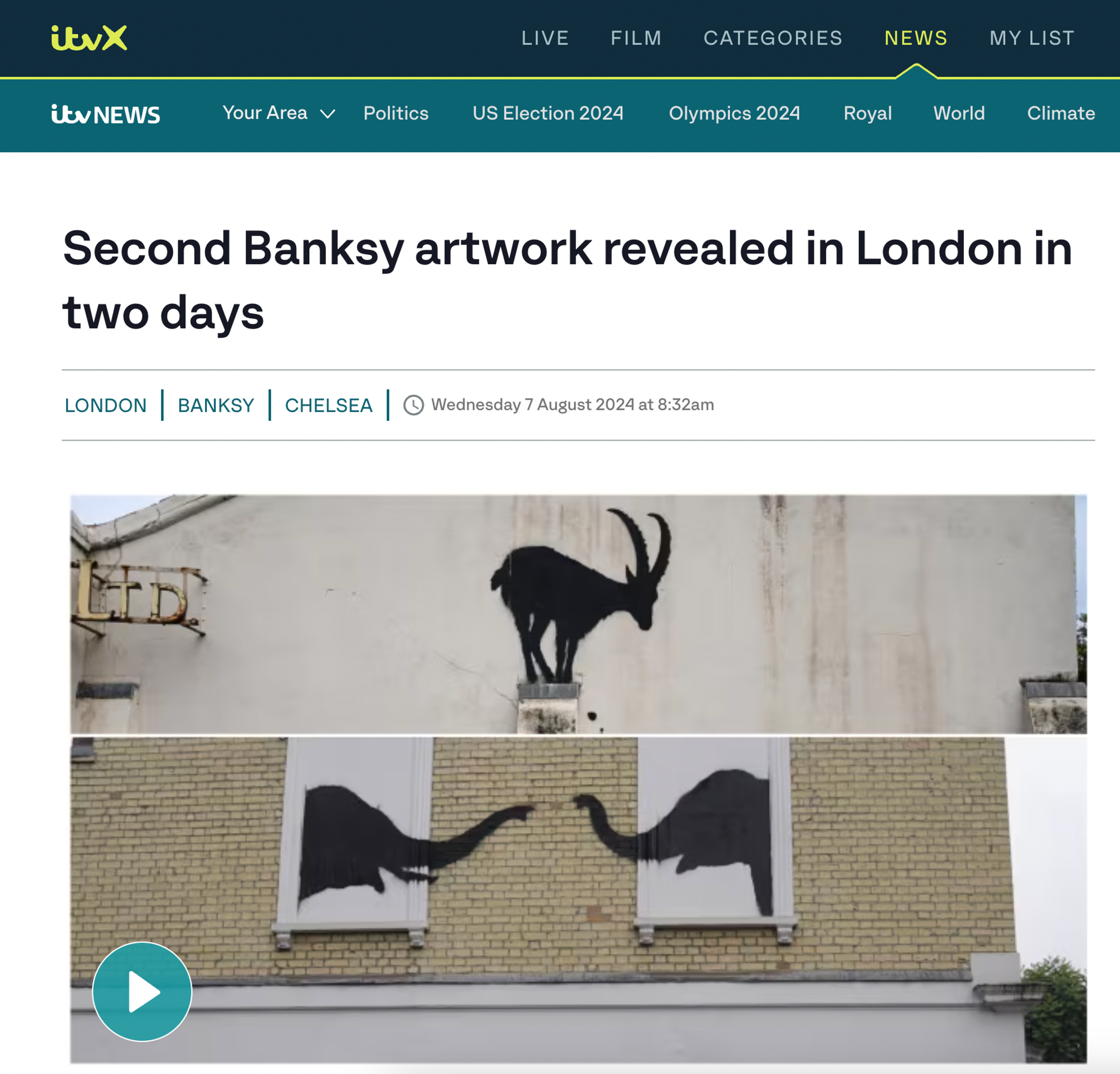 ITV News Website, showing a video of the new Banksy murals