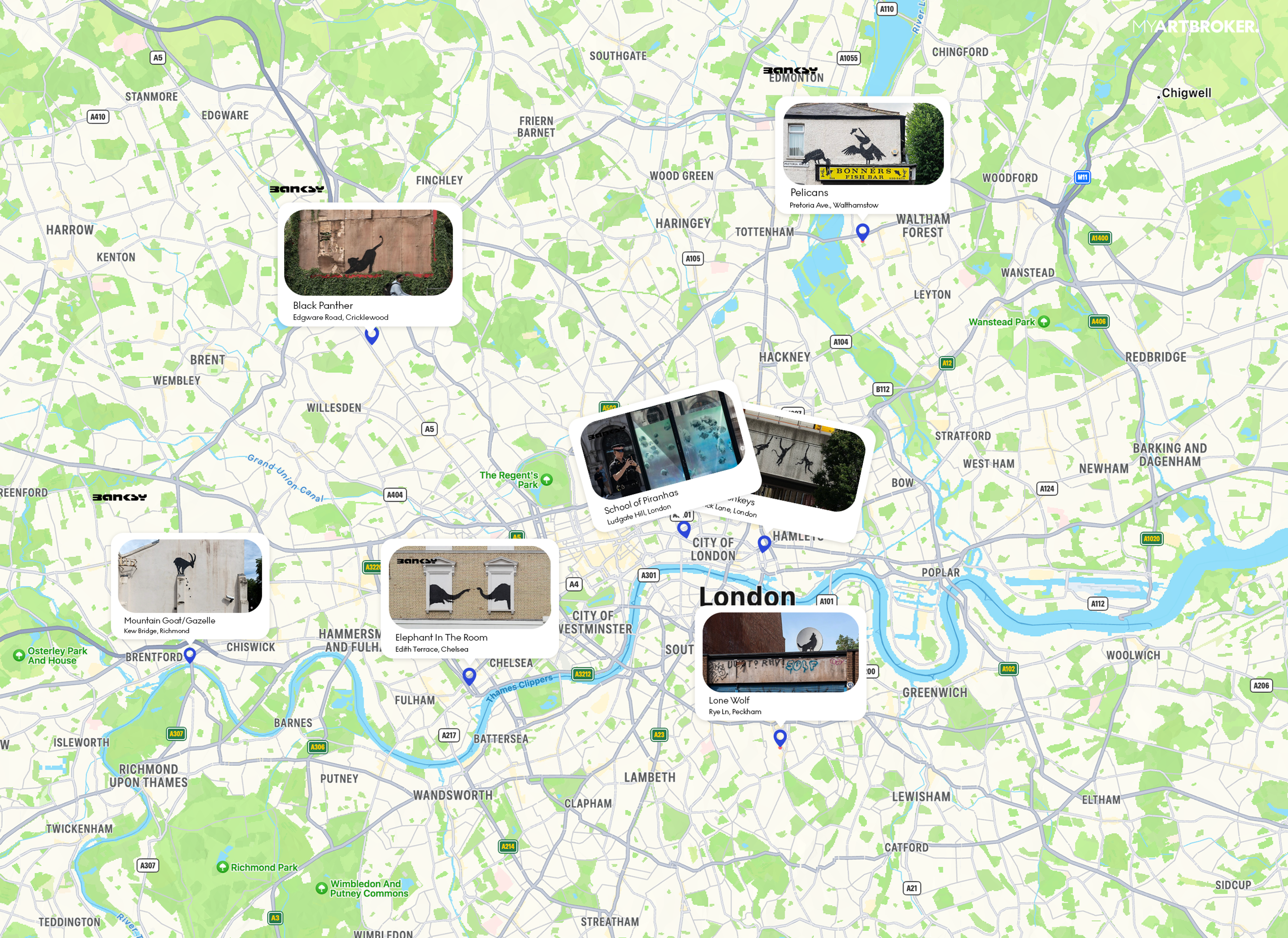 A map plotting the locations of Banksy's new animal murals in London.