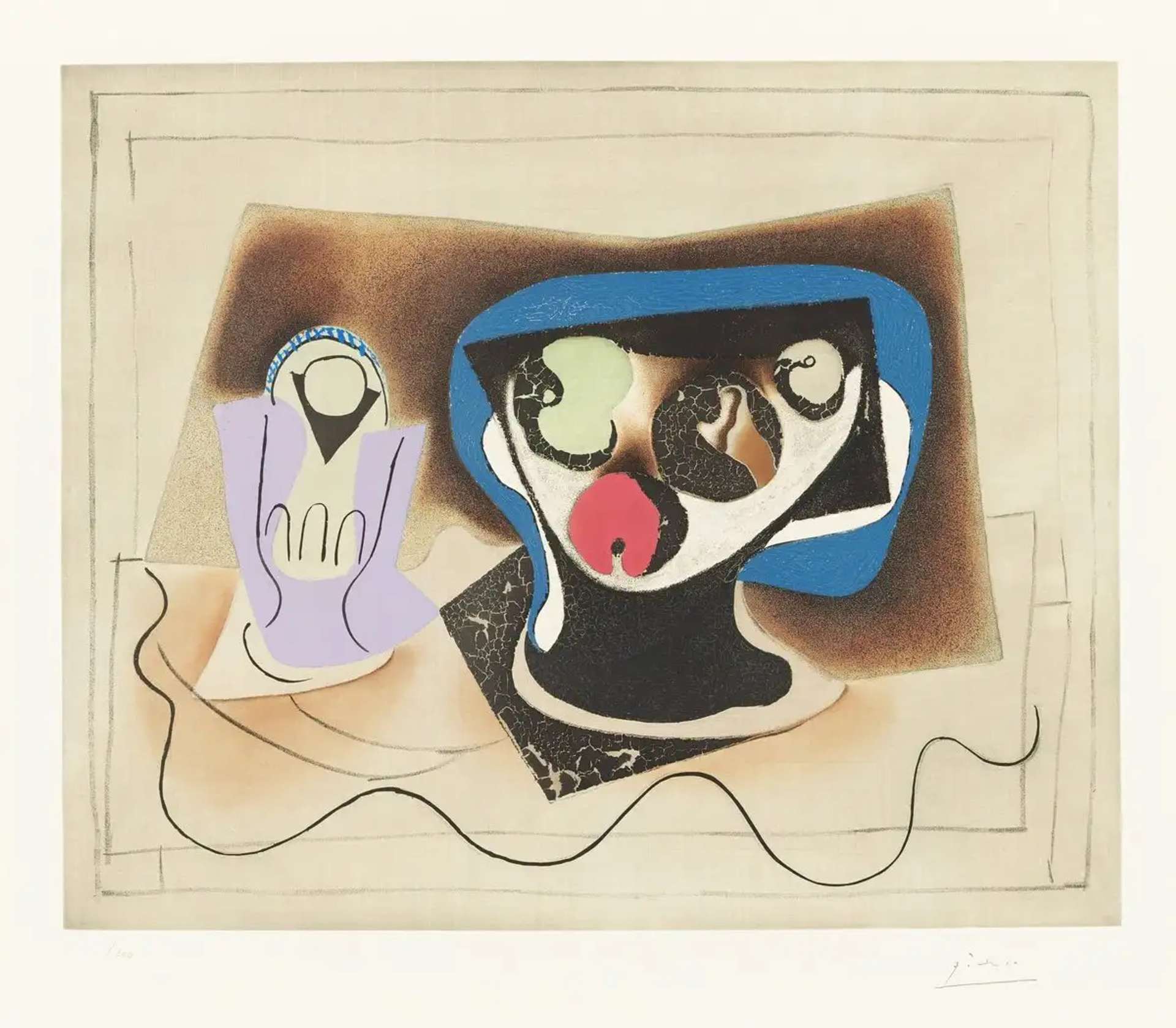 An image of the artwork Le Verre d'Absinthe by Pablo Picasso. It shows an absinthe glass on a table, sitting alongside abstracted shapes.