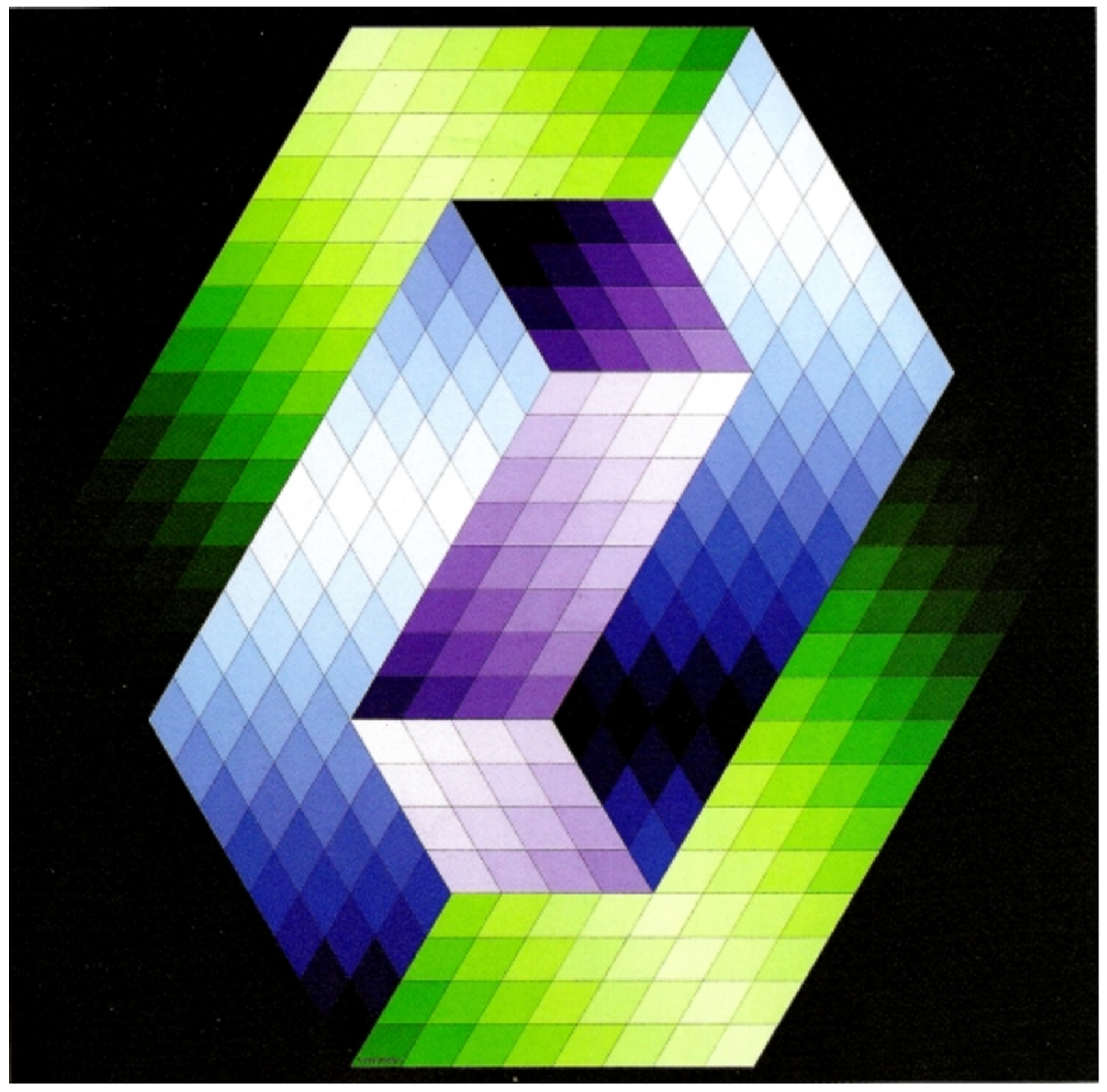 A geometric abstract work featuring interlocking diamond shapes in shades of blue, white, green, and purple that create three-dimensional cubes aganist a black background.
