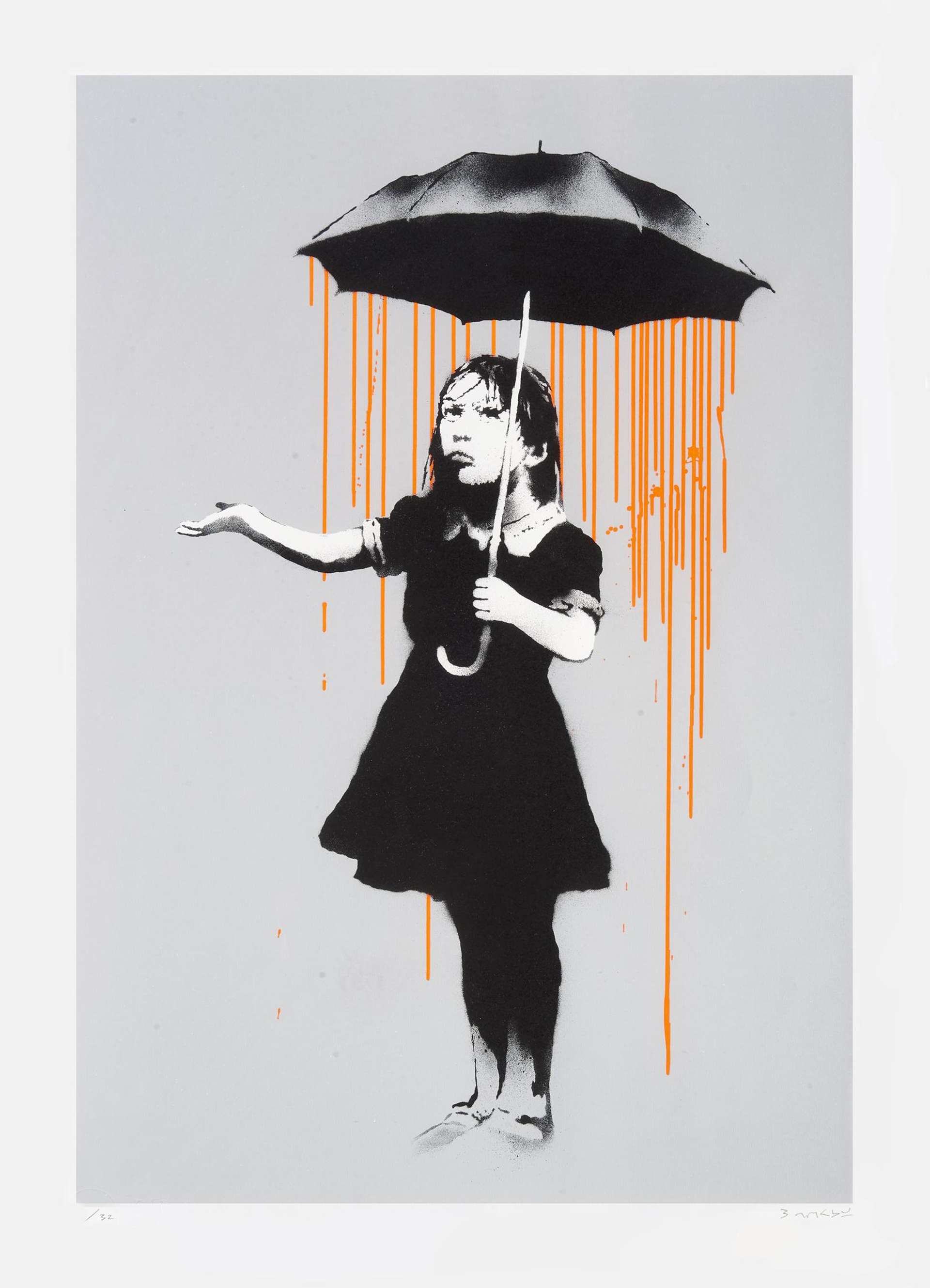 A little girl, spray painted in black against a grey background, with orange rain falling about her figure.