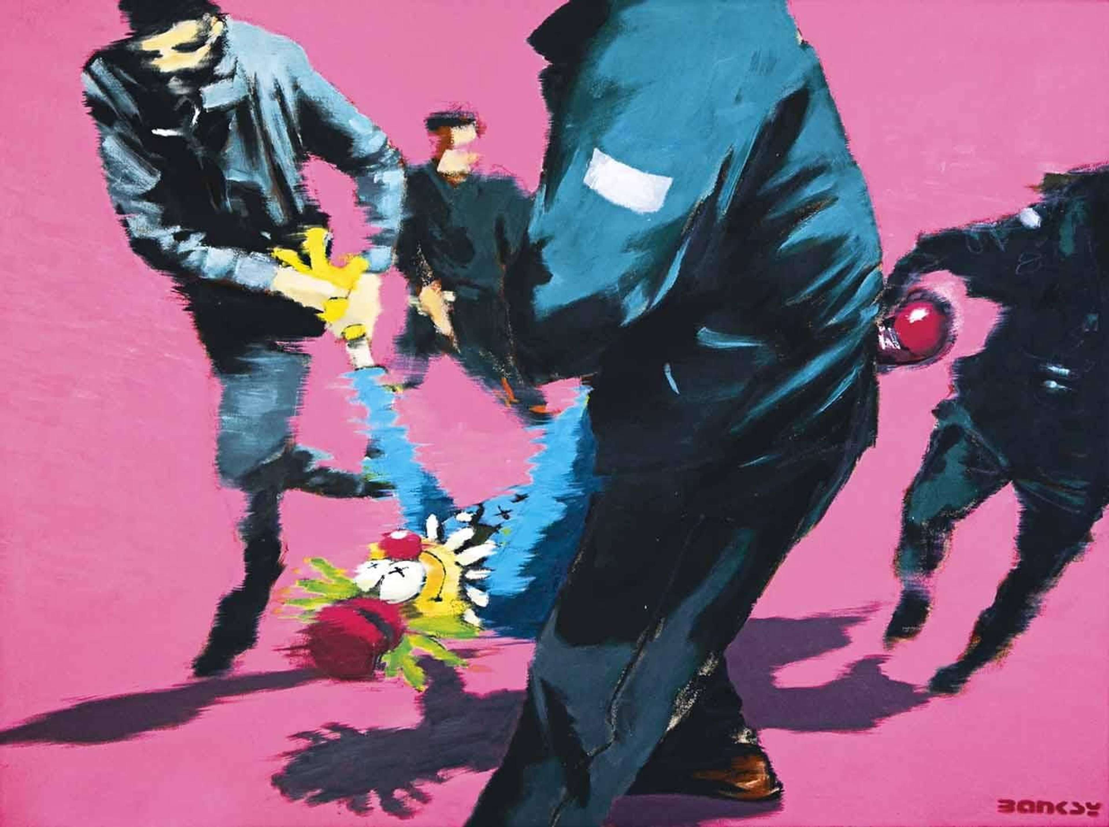 Banksy’s You Told That Joke Twice, 2000. A spray enamel and oil stick work of four policemen carrying a clown away