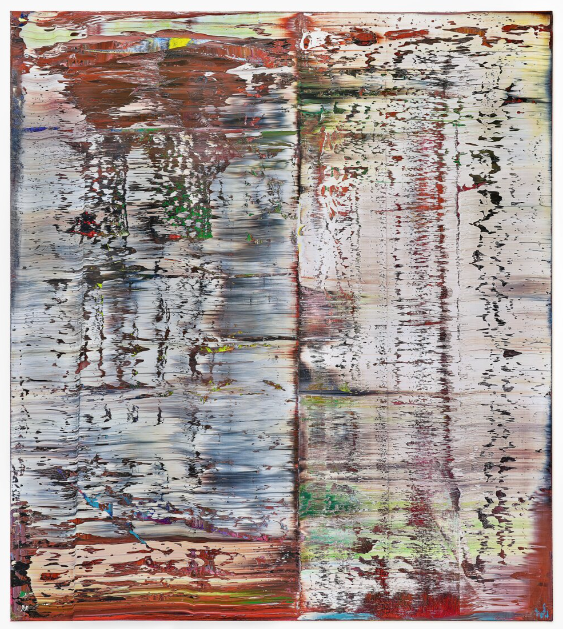 Painting by Gerhard Richter, depicting streaks of white, pale blue, green and grey over a deep red background.