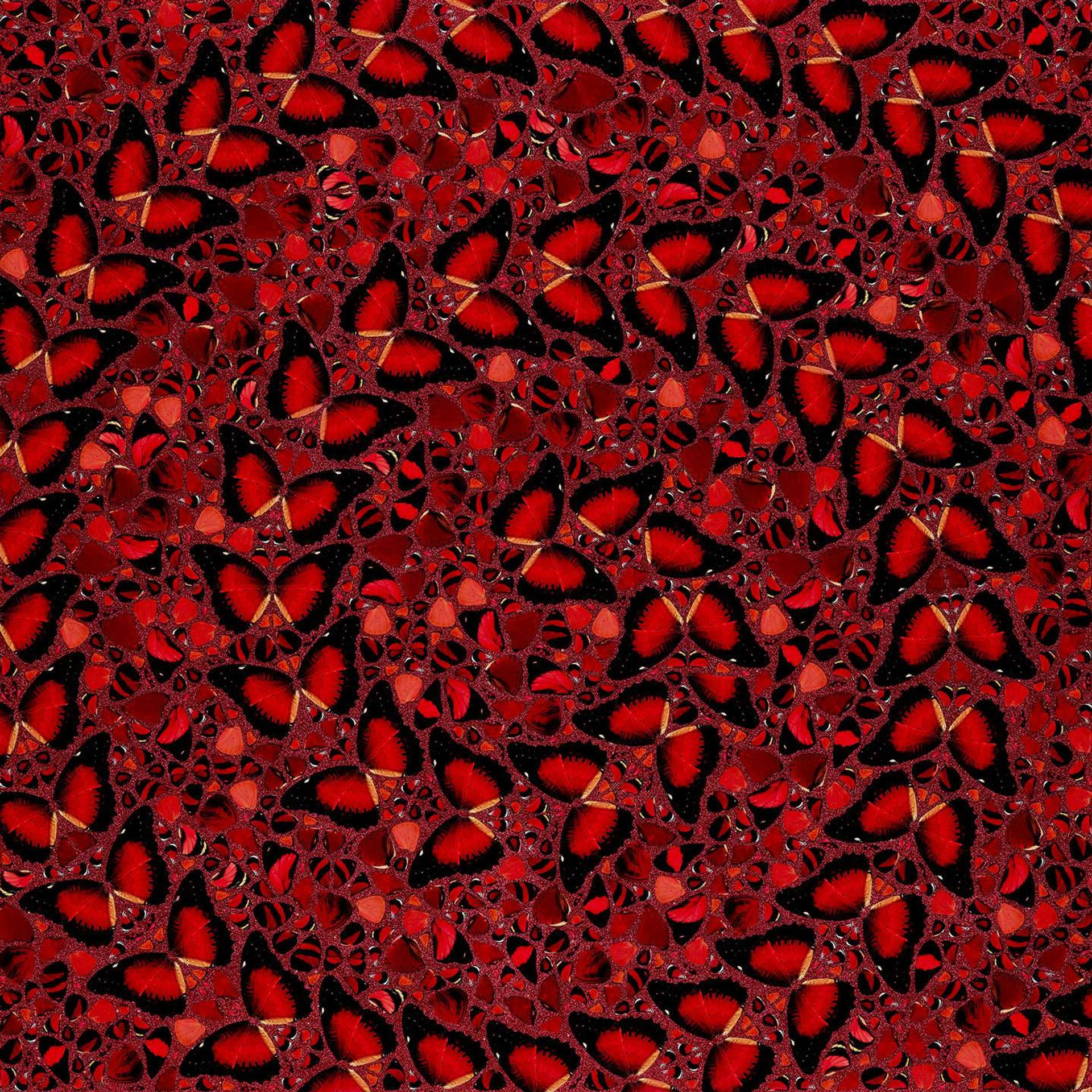 Damien Hirst’s H10-5 Taytu Betul. A giclée print of a red, spiral, kaleidoscopic pattern of red and black butterflies. 