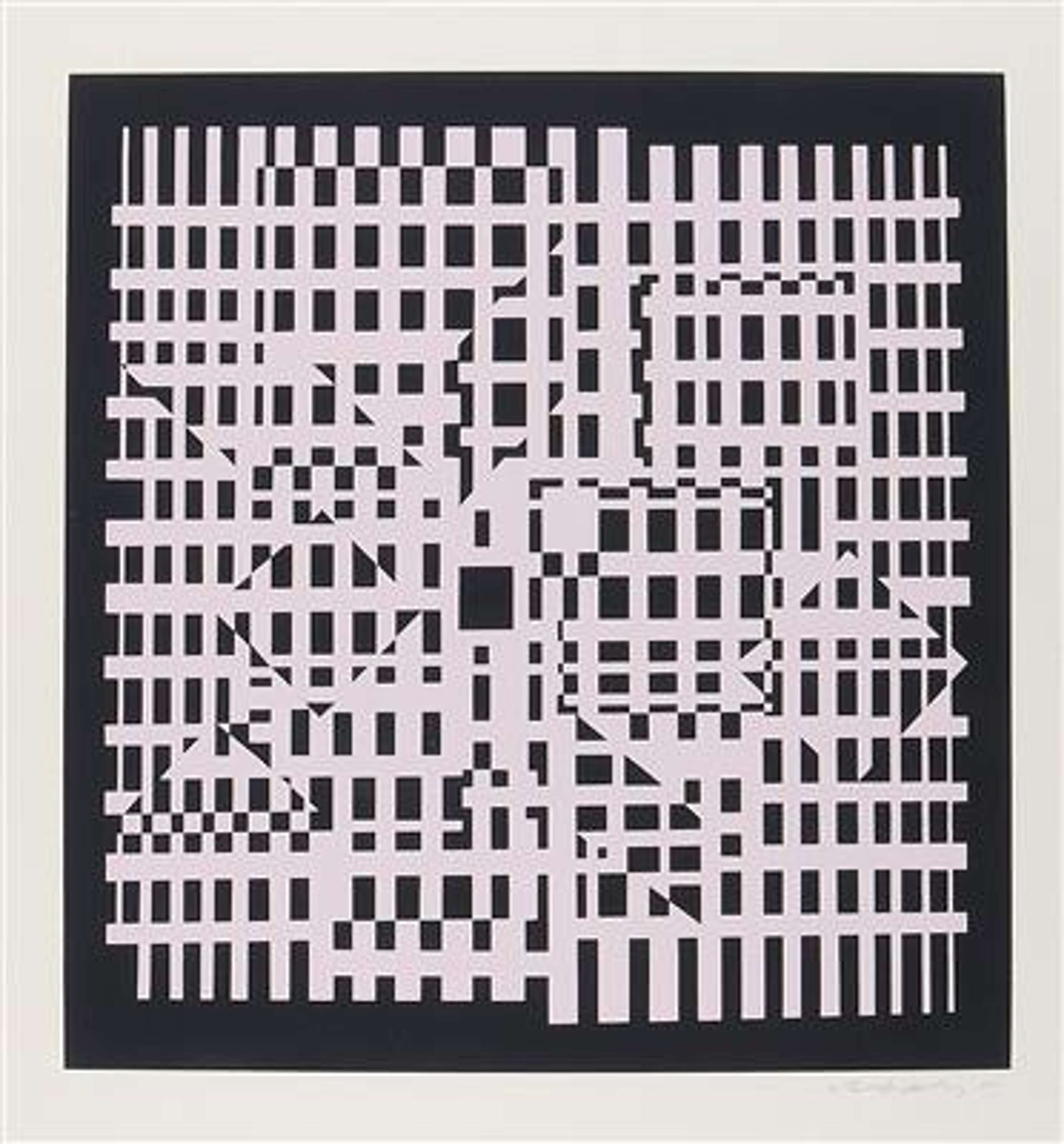 Caracas by Victor Vasarely (1955). The print is a black and white, irregular grid, which produces the optical illusion of shapes hidden within it.