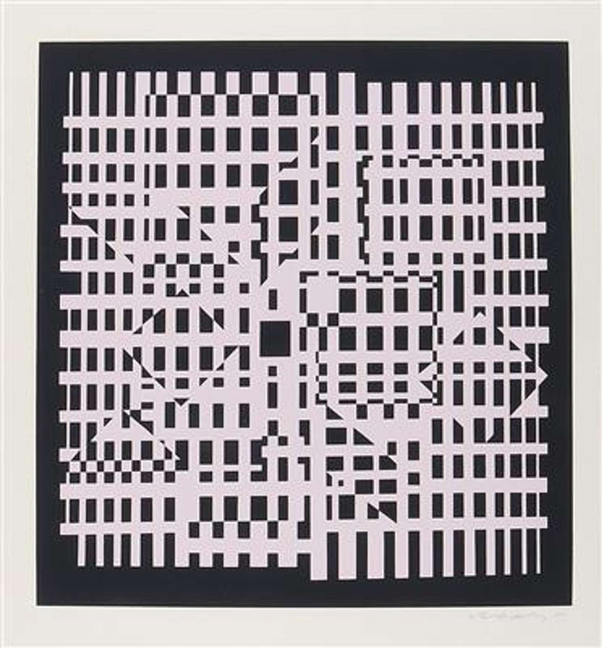 Caracas by Victor Vasarely (1955). The print is a black and white, irregular grid, which produces the optical illusion of shapes hidden within it.