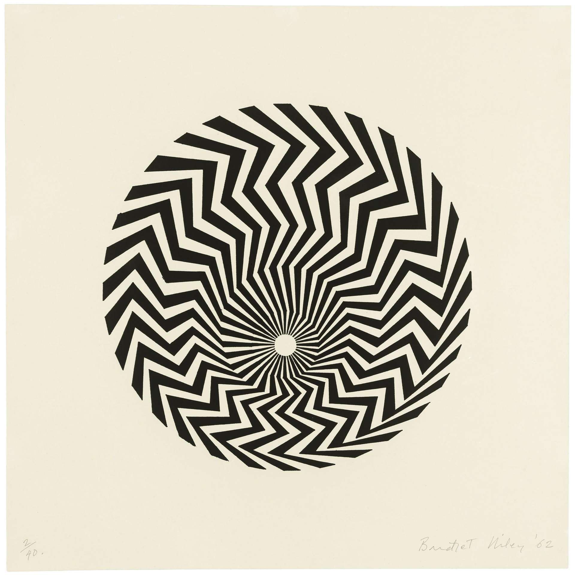 Print with a fascinating pattern composed of zig zagging black lines. A circle is rendered in the centre of the composition and thick black zig zags emanate from the centre of the circle.