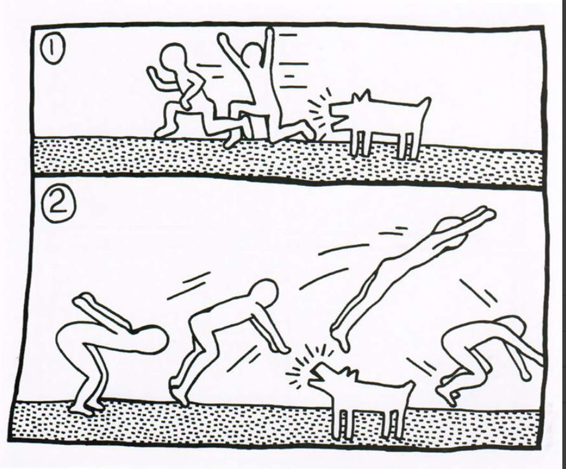 Keith Haring’s The Blueprint Drawings 12. A Pop Art screenprint of a black and white comic strip of various scenes including a barking dog and figures playing games with each other.