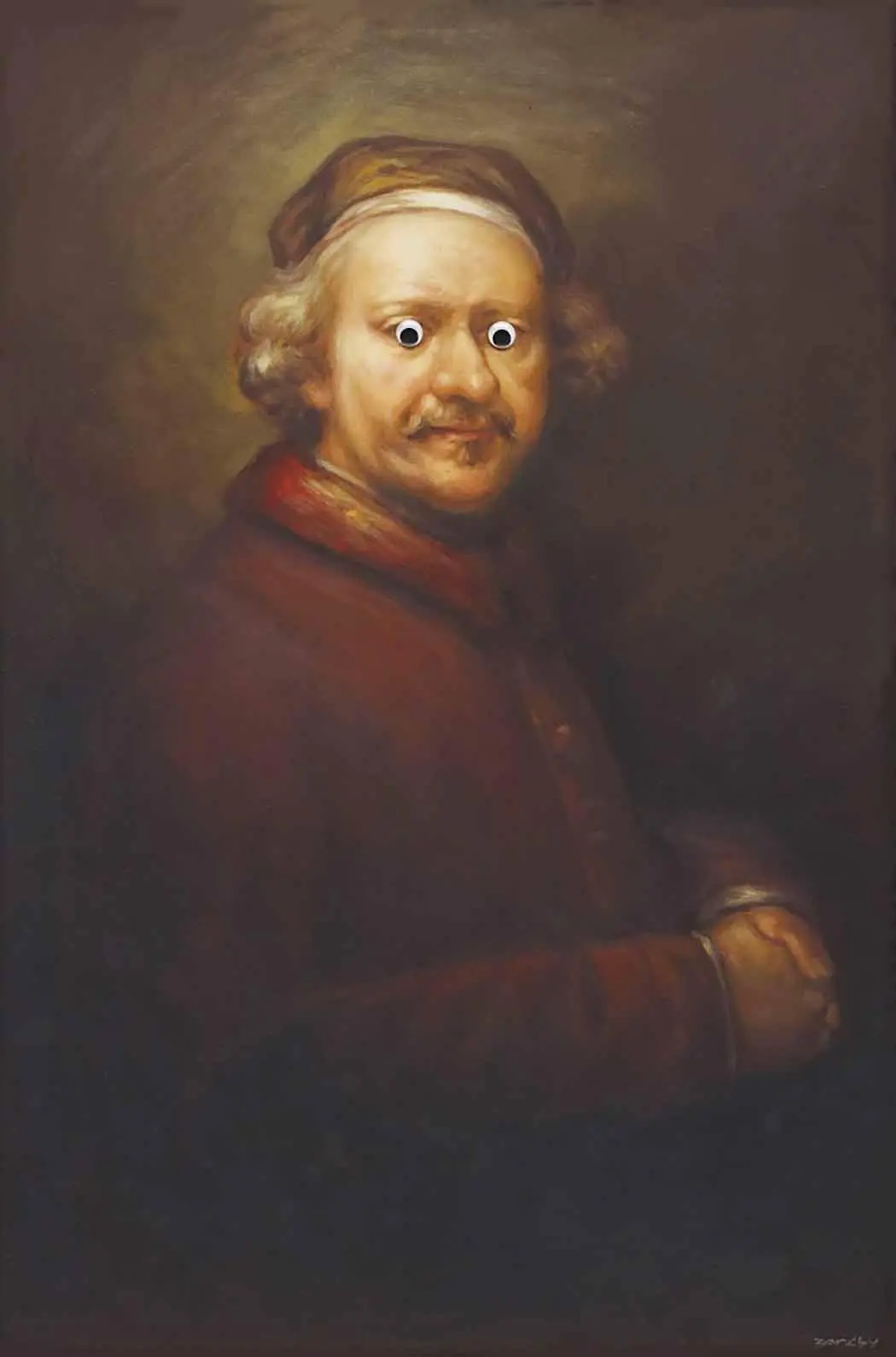 This work by Banksy shows a reproduction of a self-portrait by Rembrandt, overlaid with a pair of googly eyes.