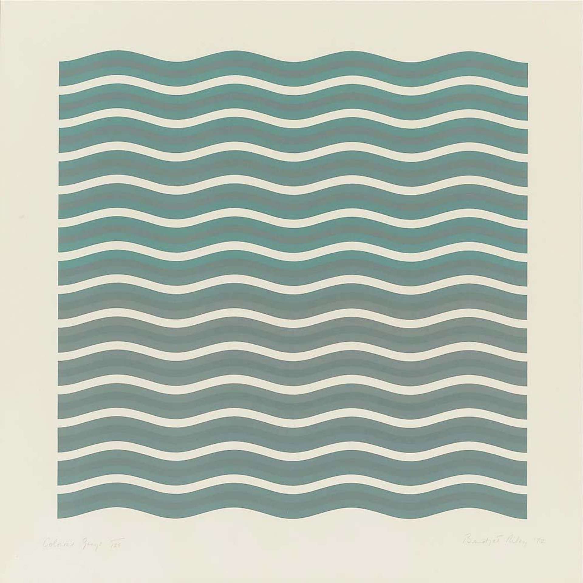 A number of blue-grey lines ondulate across a white background, in a work typical of artist Bridget Riley.