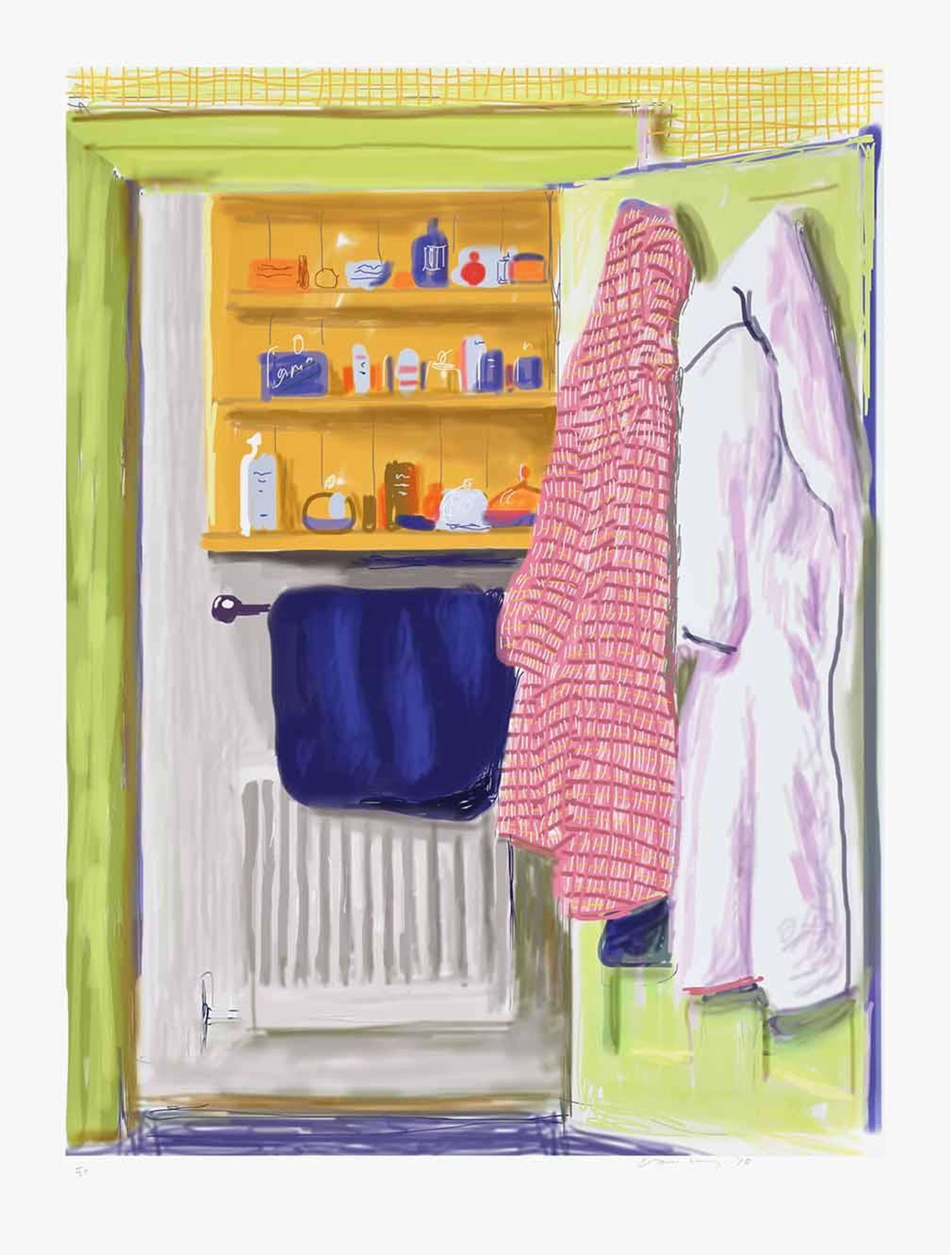David Hockney’s Untitled No.557. A digital print of an interior bathroom setting with an exposed medicine cabinet, and red and white bath robes against a green door.