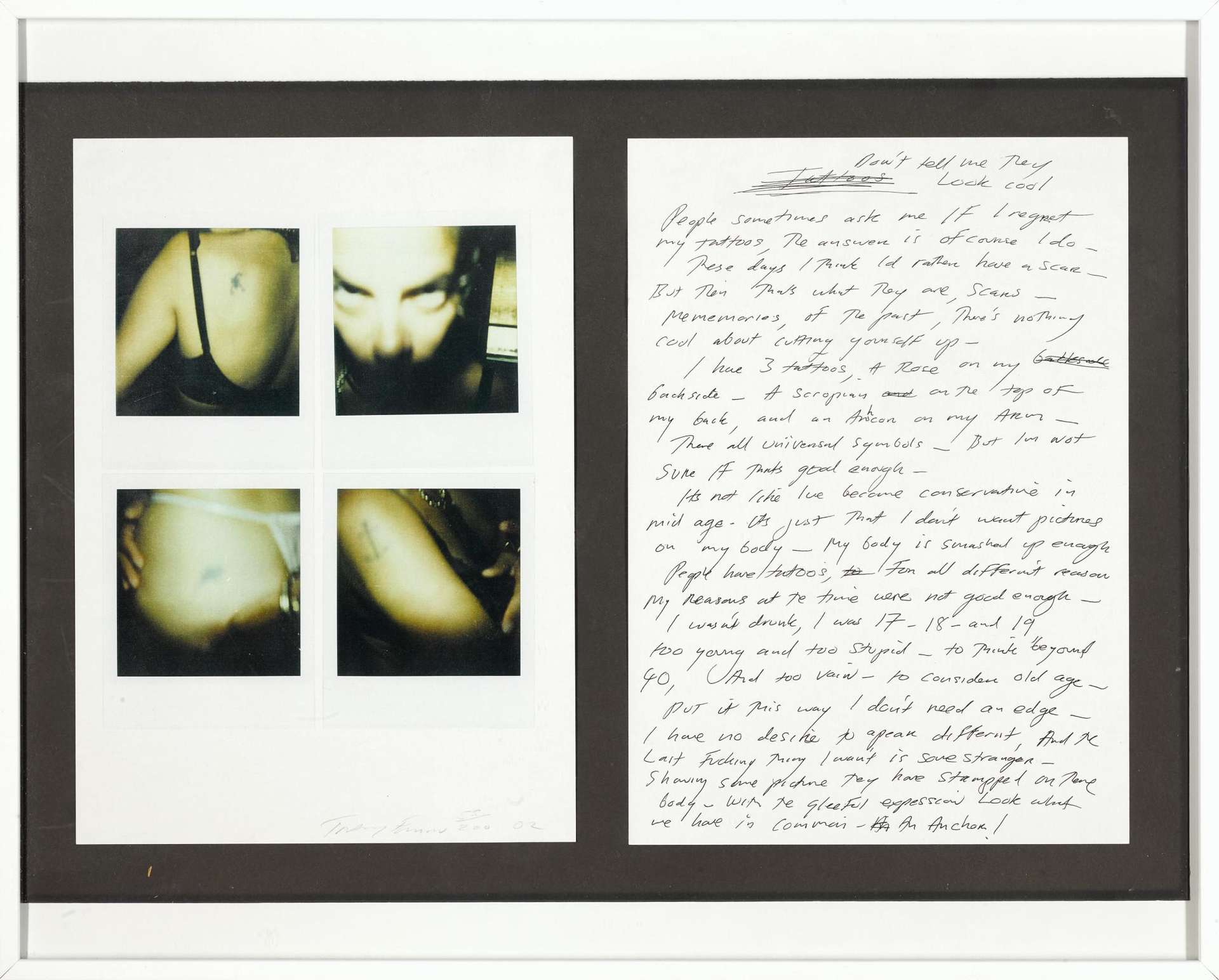 Tracey Emin’s Tattoo. A double panel work. On the left, four polaroids of close up shots of a woman’s tattoos. On the right, a note written by the artist. 