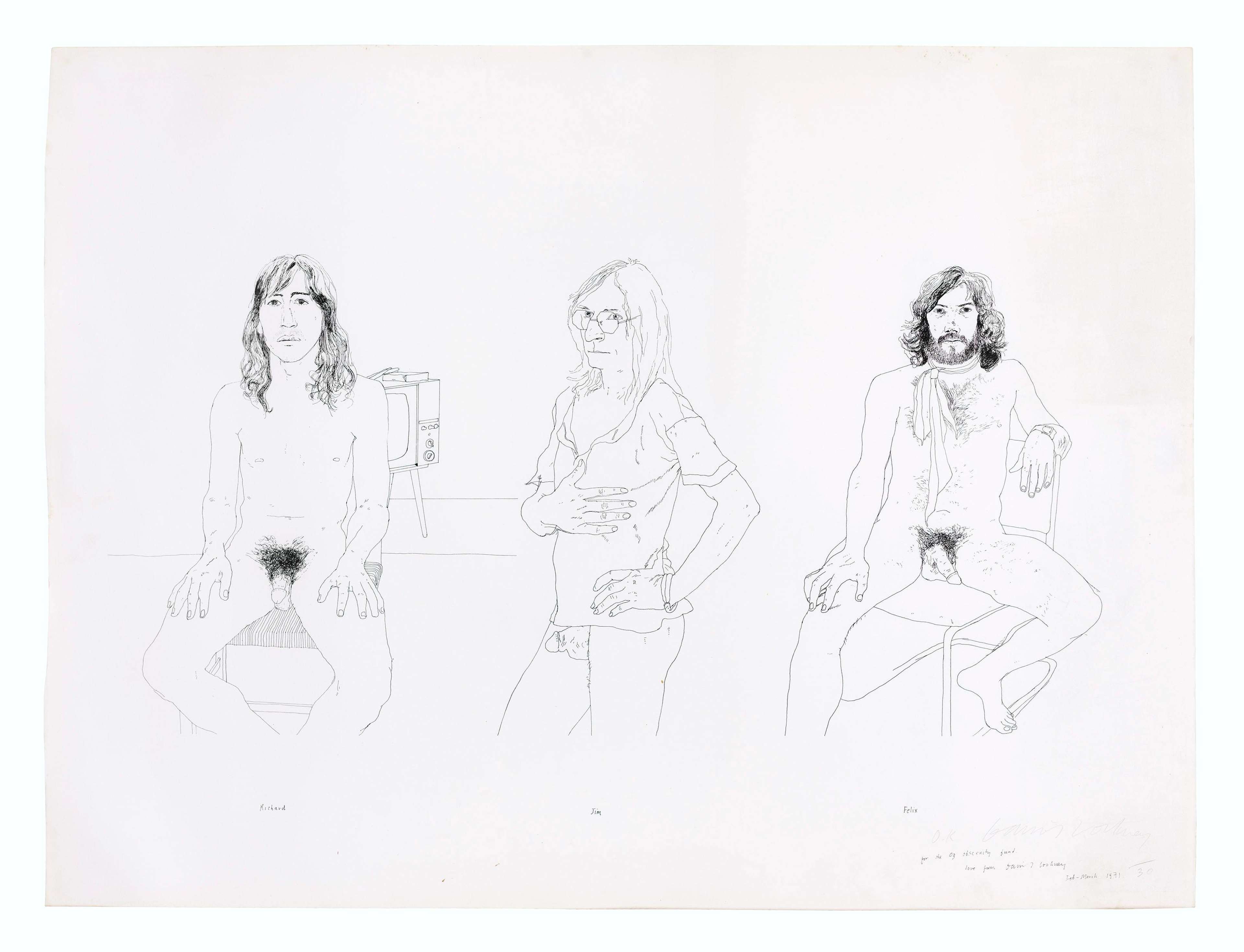 David Hockney’s For the OZ Obscenity Fund. A lithograph of three men posed nude and partially nude with two men seated and one man standing in the middle.