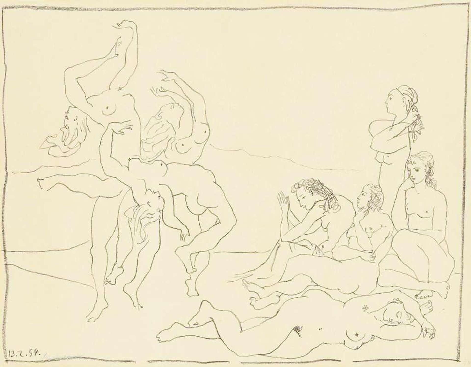 An etching by Picasso that shows a large group of nude women, some of which are dancing and some of which are watching or sleeping.