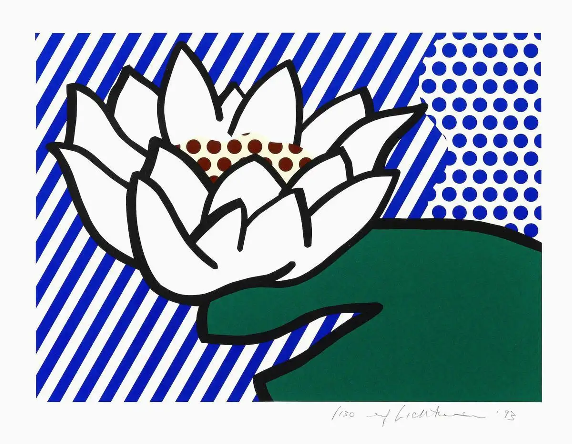An image of one of Lichtenstein's reinterpretations of a Water Lily, shown in thick lines against a patterned blue background.