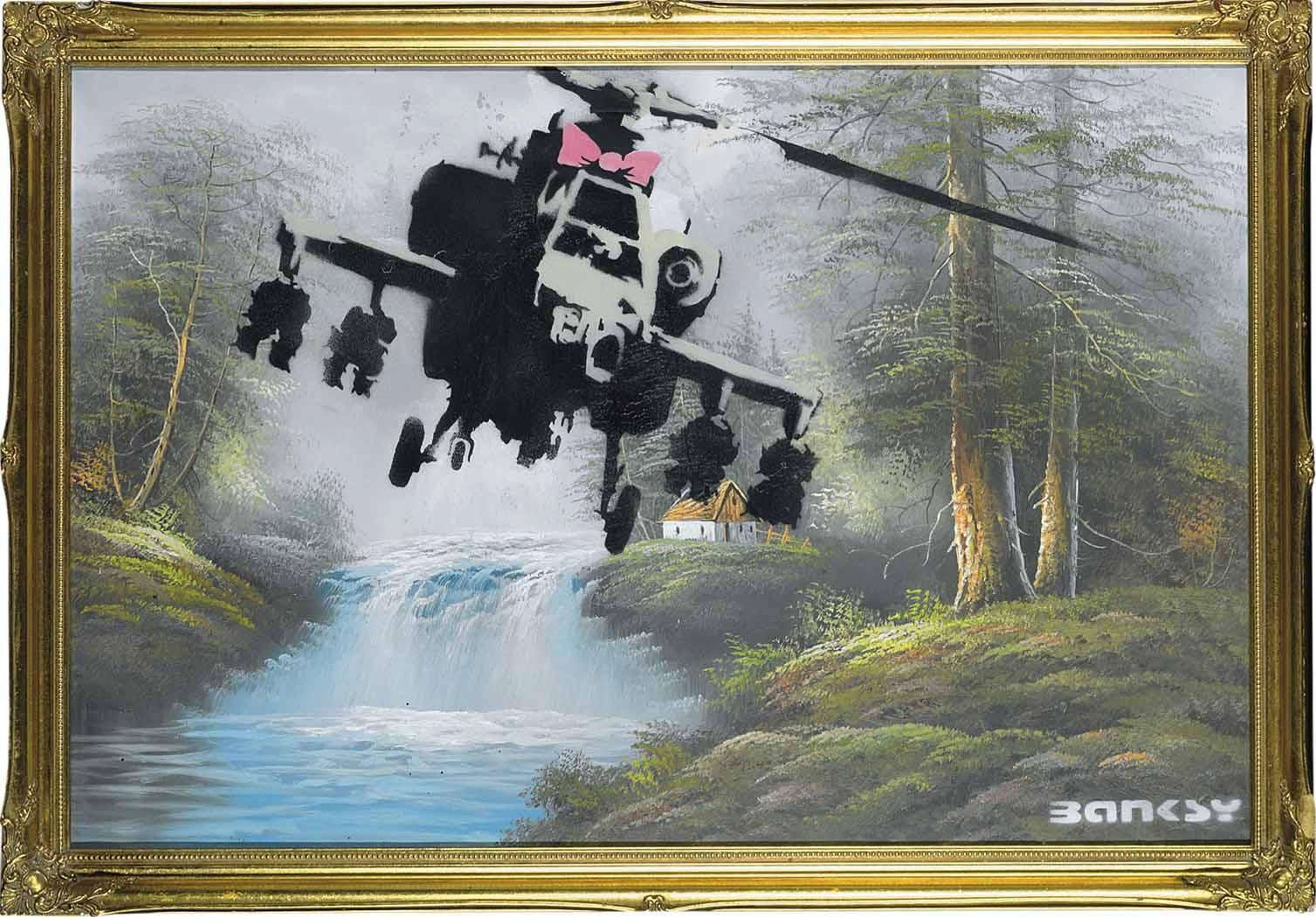 Banksy's Corrupted Oil. An oil painting of a countryside landscape with a military helicopter with a pink bow flying above it.