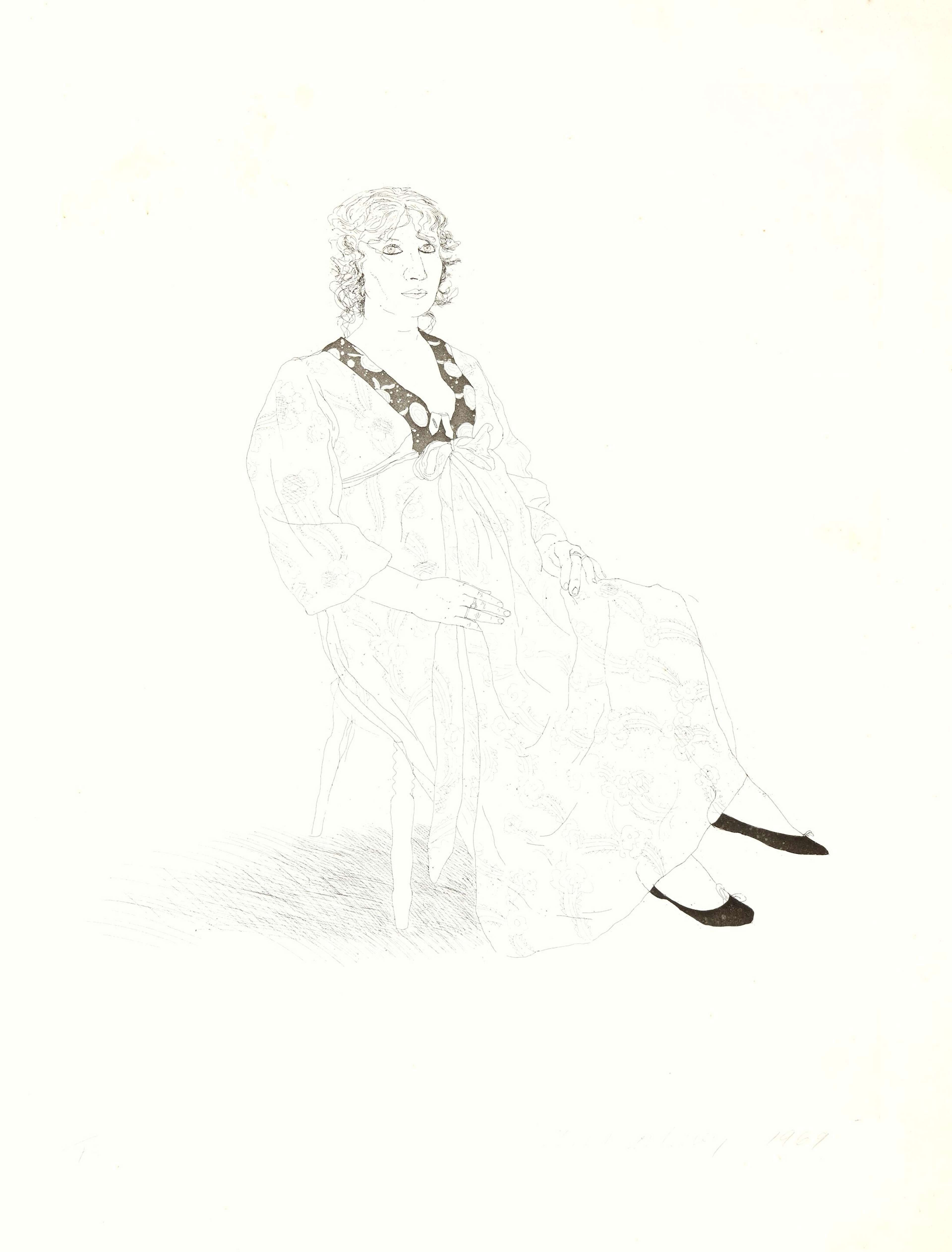 David Hockney’s Celia. An etching of a woman in a long dress seated in a chair. 