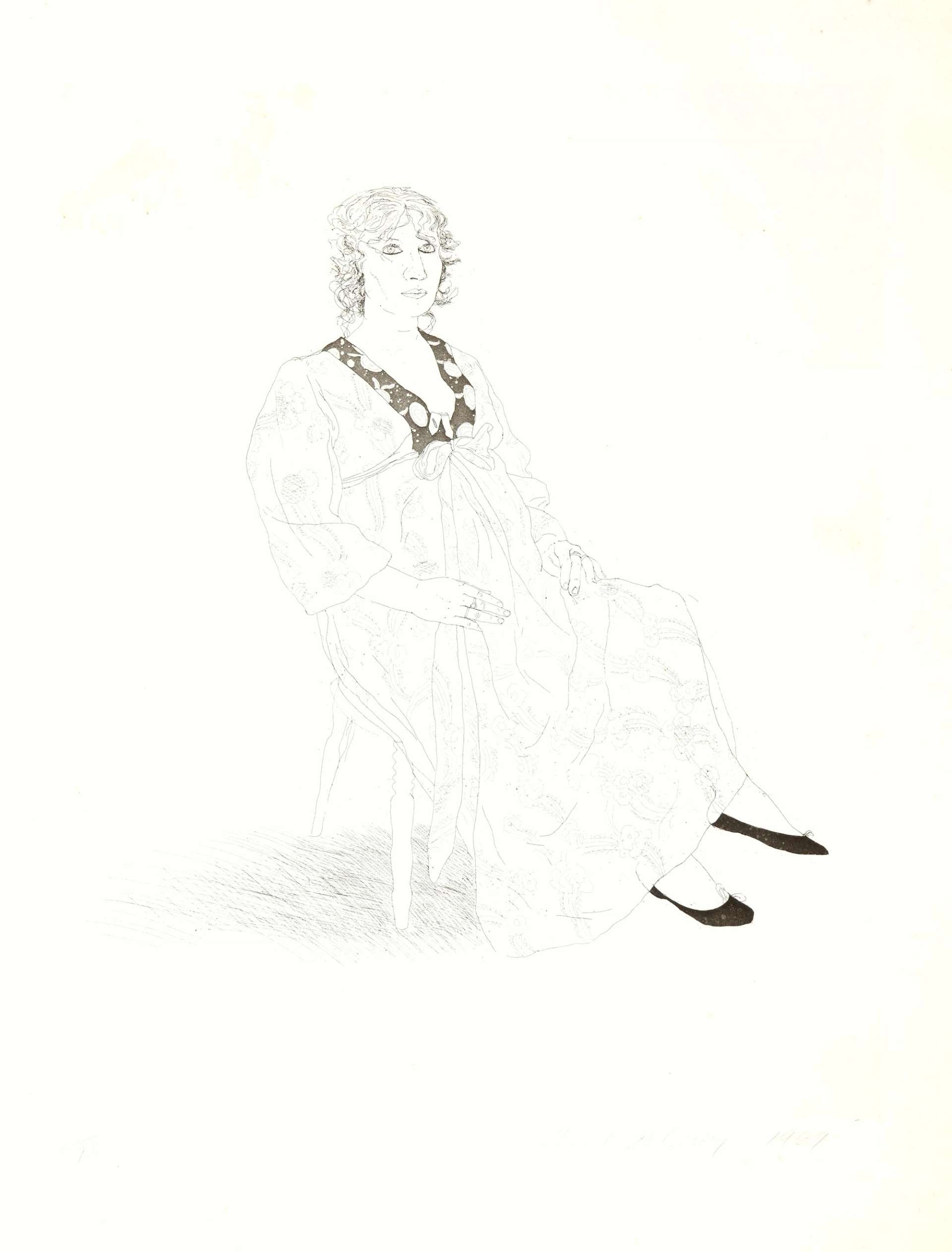 David Hockney’s Celia. An etching of a woman in a long dress seated in a chair. 