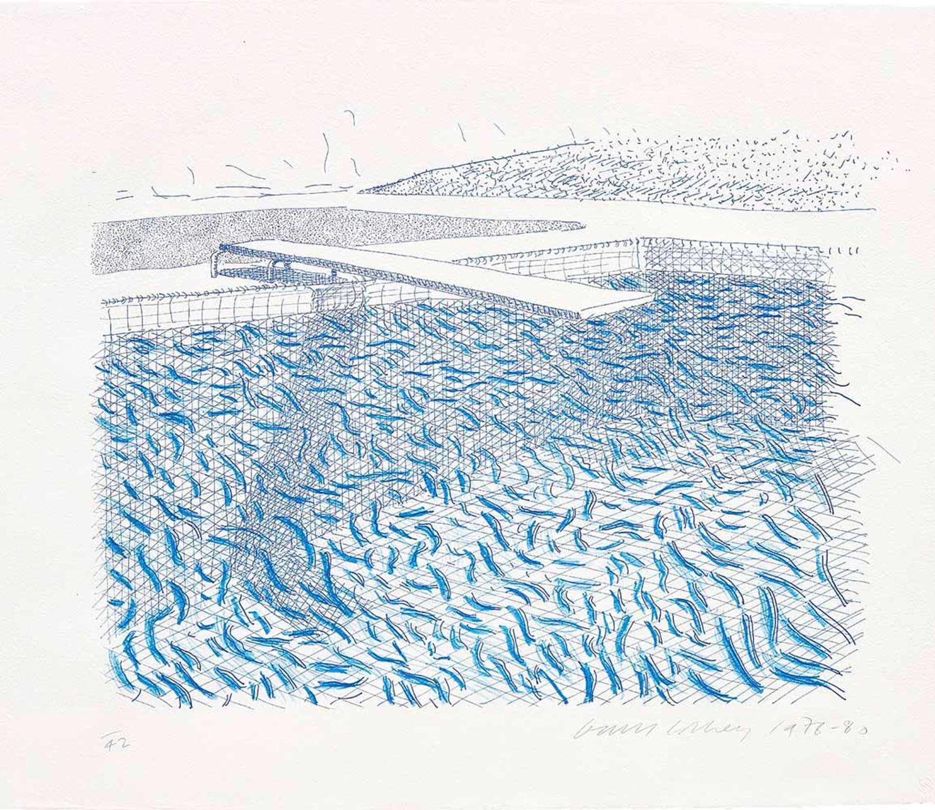 An image of a pool, etched by David Hockney. It is a flat-looking image, that shows small blue squiggles representing waves, against a white background eched in fine lines.