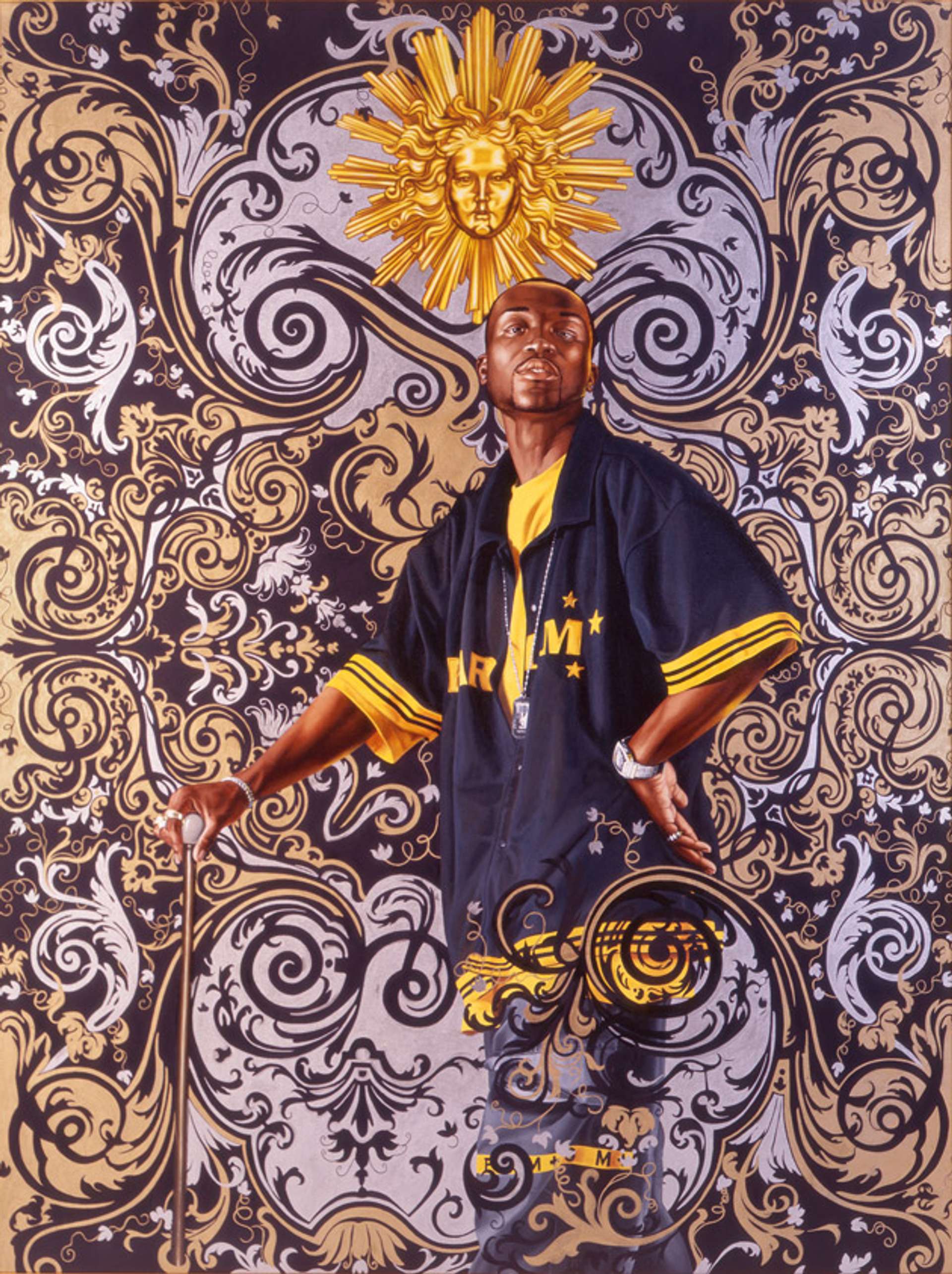 Kehinde Wiley’s Portrait of Andries Stilte. A black man holding a cane with the other hand on his hip. He is in front of purple French Rococo style background with a gold sun above his head. 