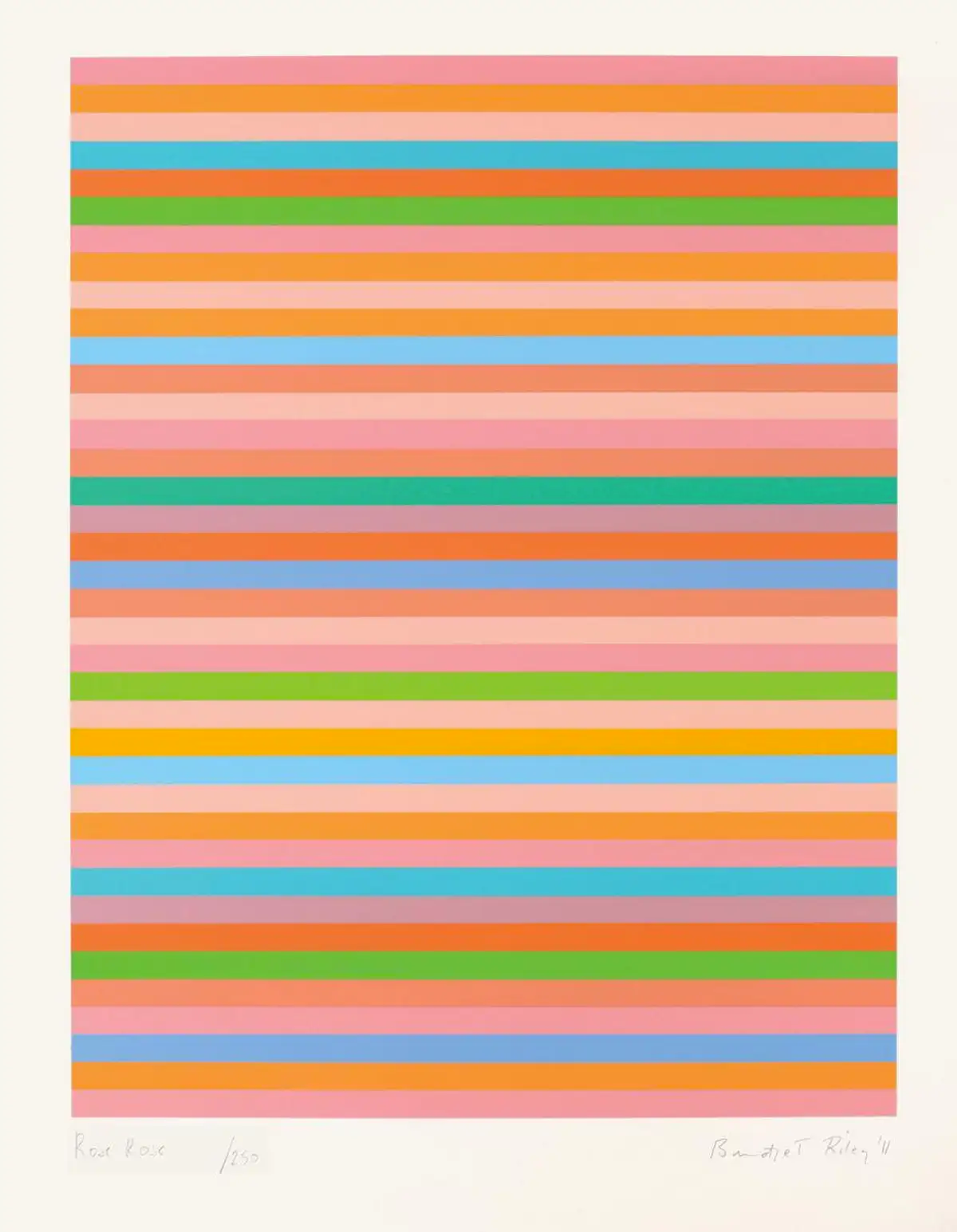 In this print by Riley, horizontal stripes are seen. Consisting of 12 bands in varying pinks, purples, reds and greens, a light blue shade provides pause and contrast.