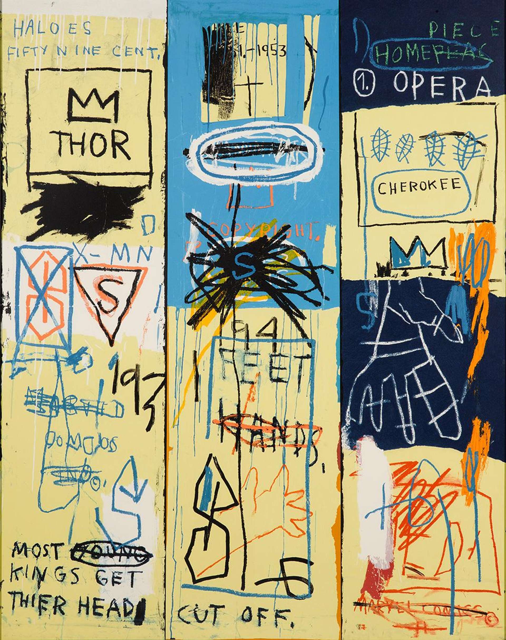 In this ode to musician Charlie Parker, a leading figure in the bebop scene which formed a fundamental inspiration for Basquiat’s own musical exploits, the artist once again aggrandizes the subject of the piece by adorning the image with crowns as well as other symbols and motifs signifying greatness.