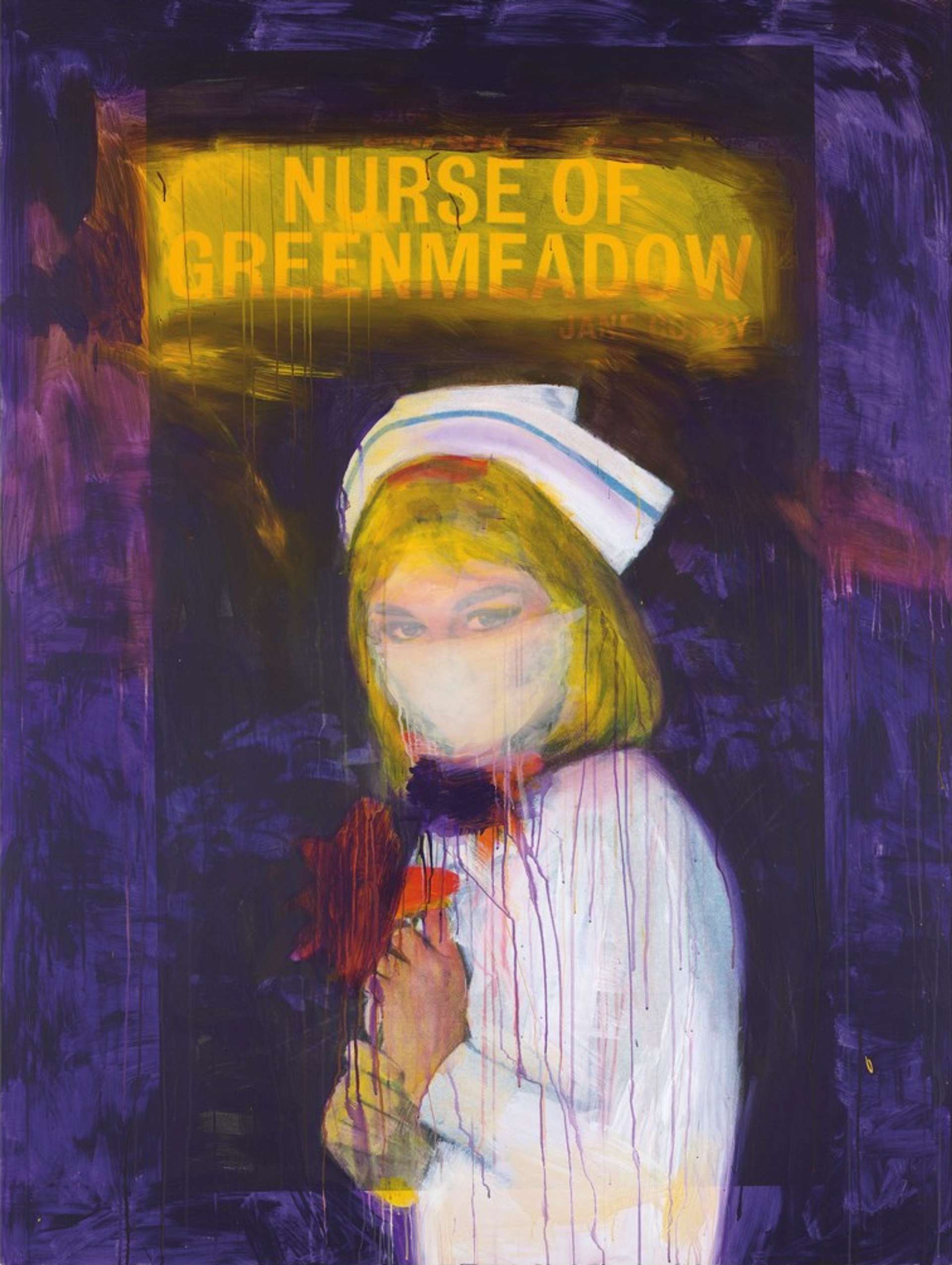 An image of the artwork Nurse Of Greenmeadow by Richard Prince. It shows a blonde female nurse, against a purple background. The painting’s title is written and highlighted in yellow above her.