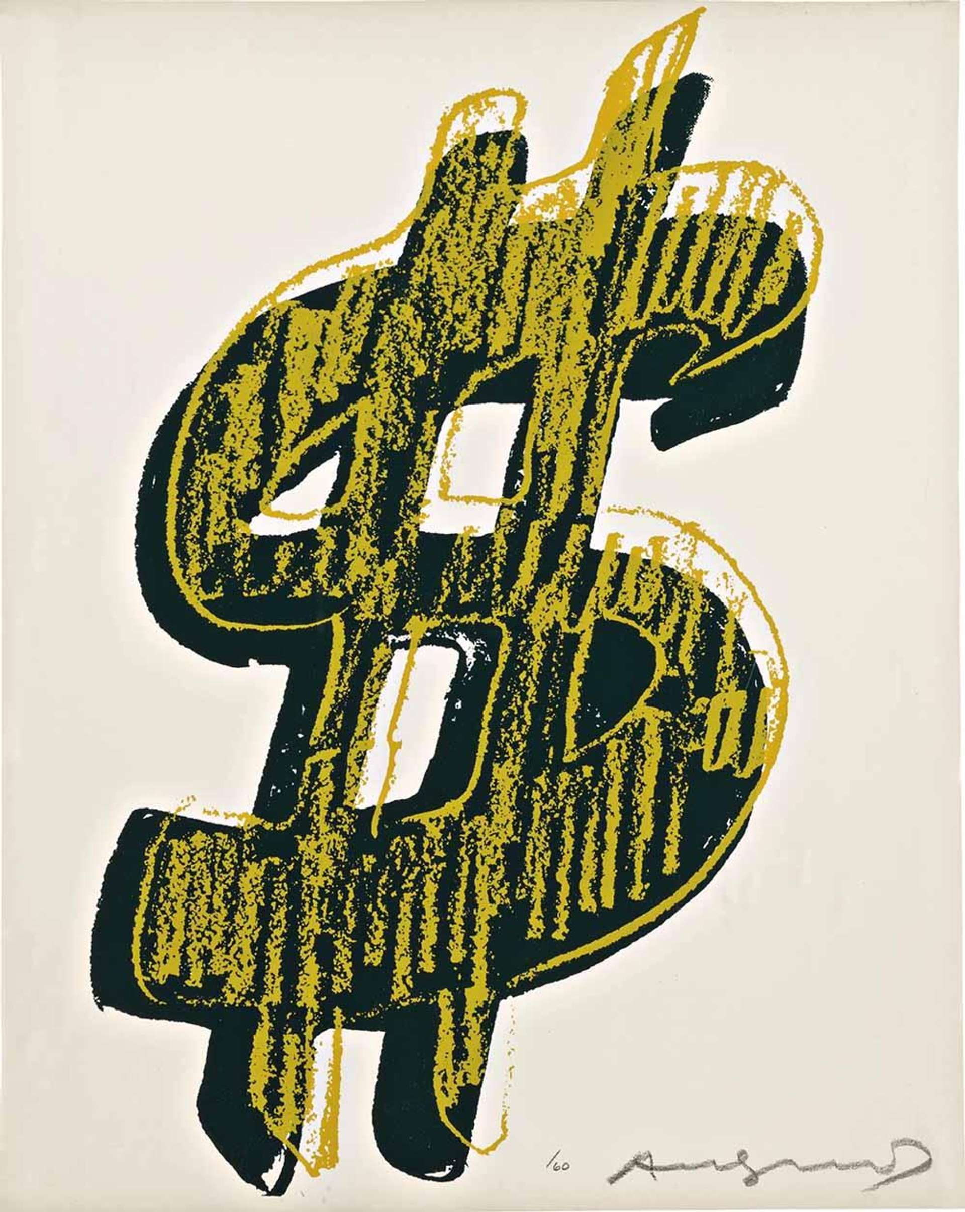 An image of the print Dollar (F. & S. II.278) by Andy Warhol. It shows a stylised dollar sign depicted in green and yellow against a white background.