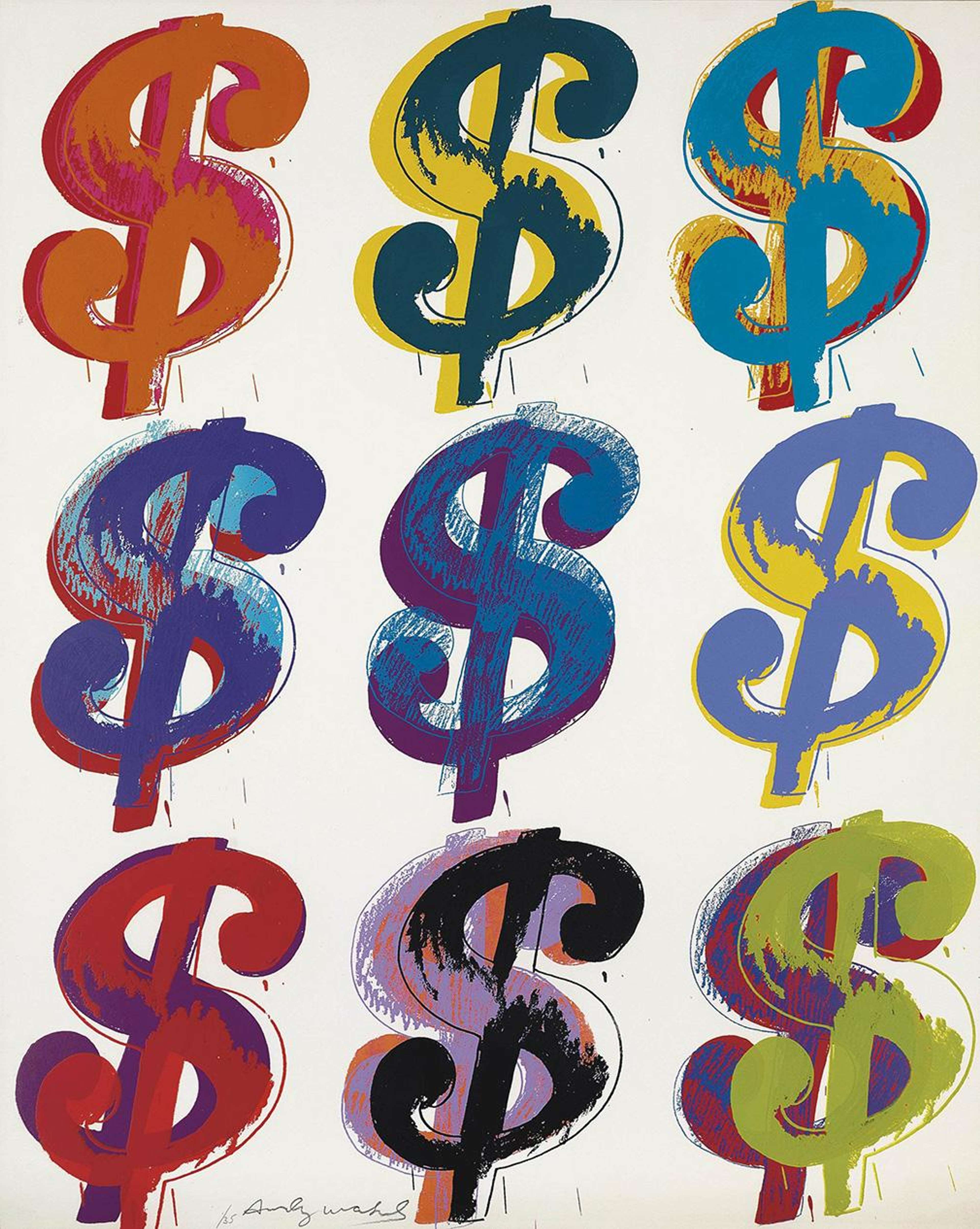 Six dollar signs are printed in a pattern, in three rows of three, against a white background. Each of the dollar signs is printed in a different colour, and overlaid with different layers of colour to create tone and texture.