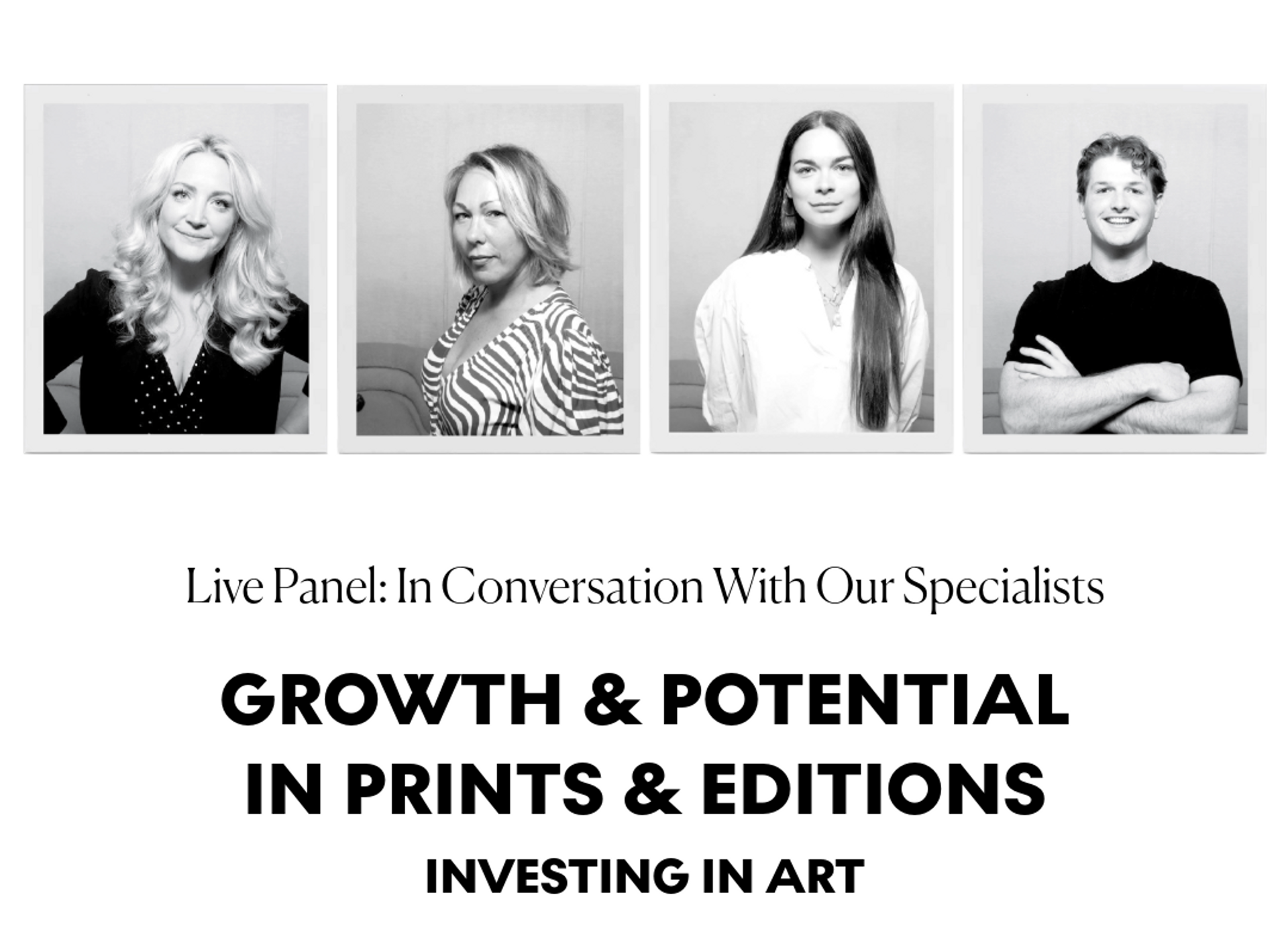A graphic showing the four specialists on a MyArtBroker panel discussion with the title of the panel in bold