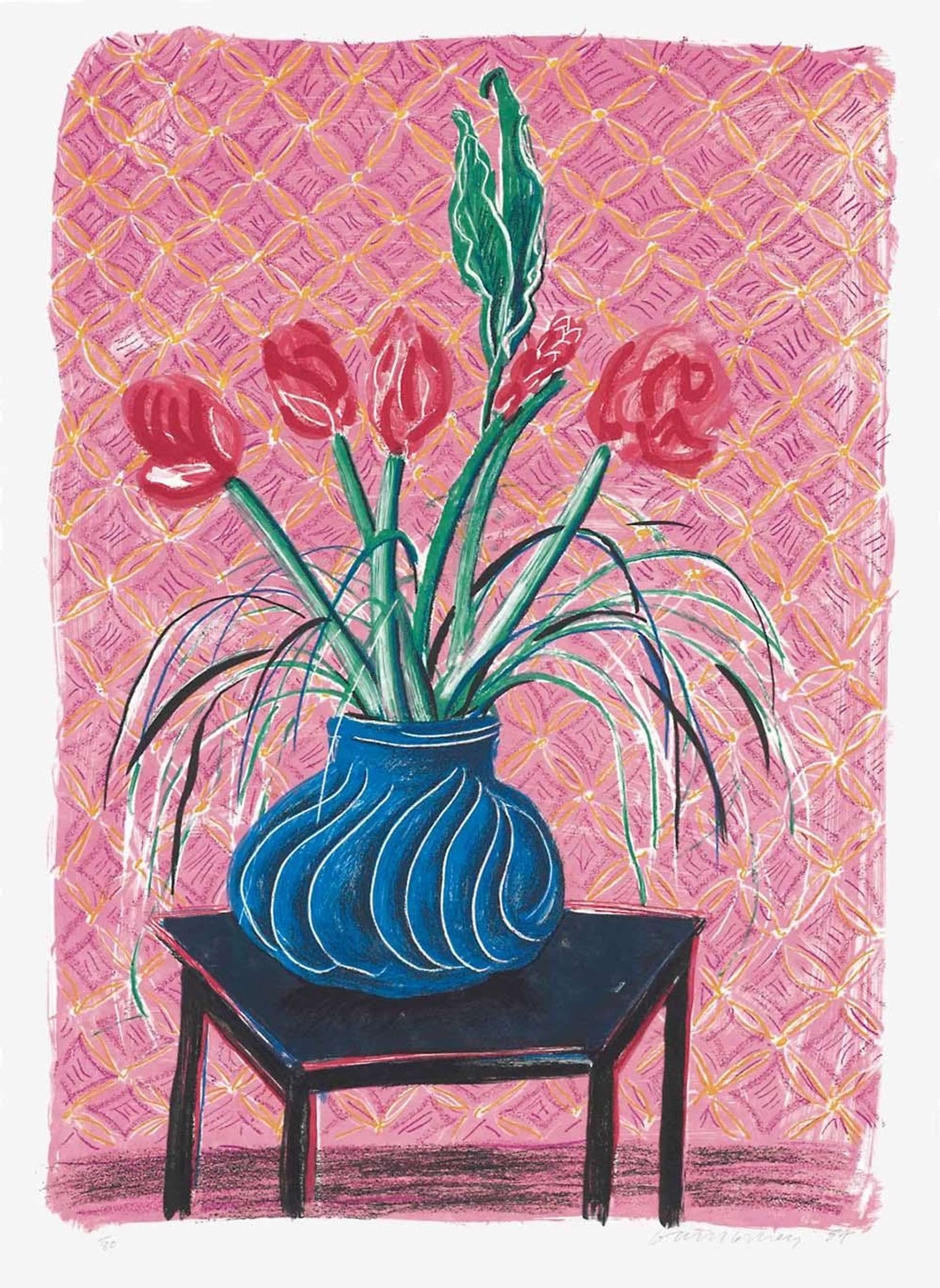 David Hockney's Amaryllis In Vase. A print of five red flowers in a blue vase on a table against pink walls.