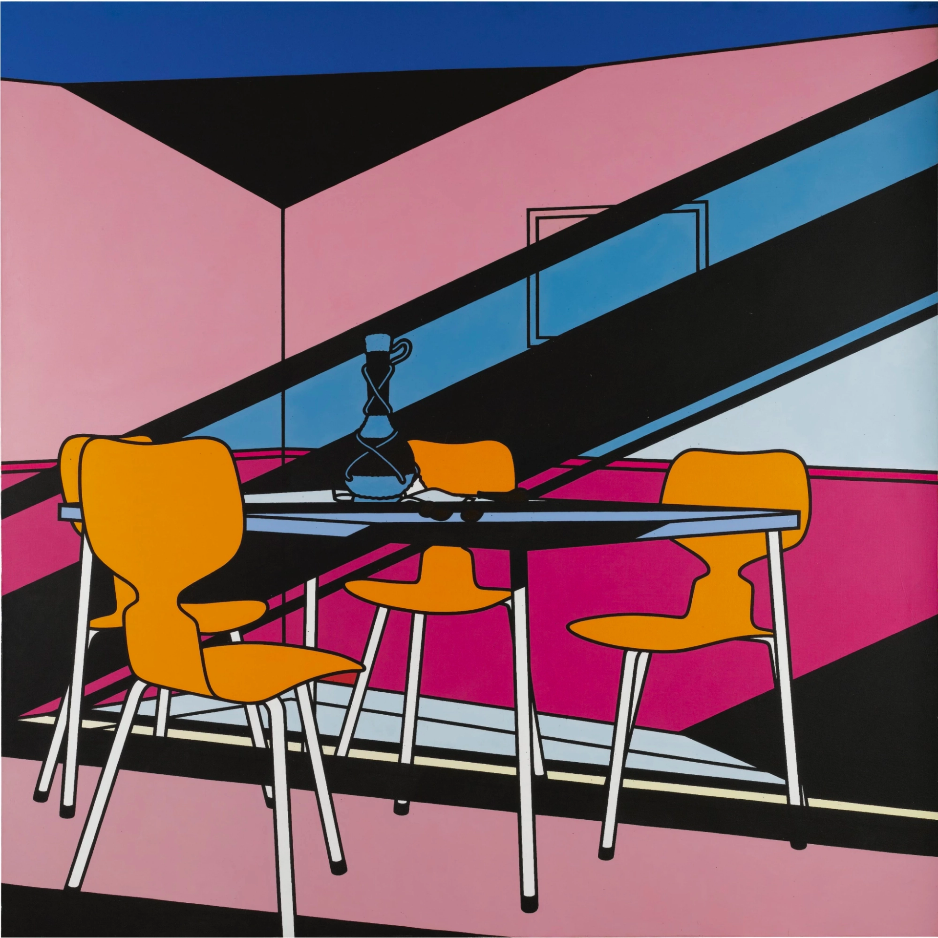 The image displays the vibrant interior of a cafe, with bold hues of pink, magenta, orange, and blues. In the background, there is an escalator, while the foreground features an unoccupied table with four chairs.