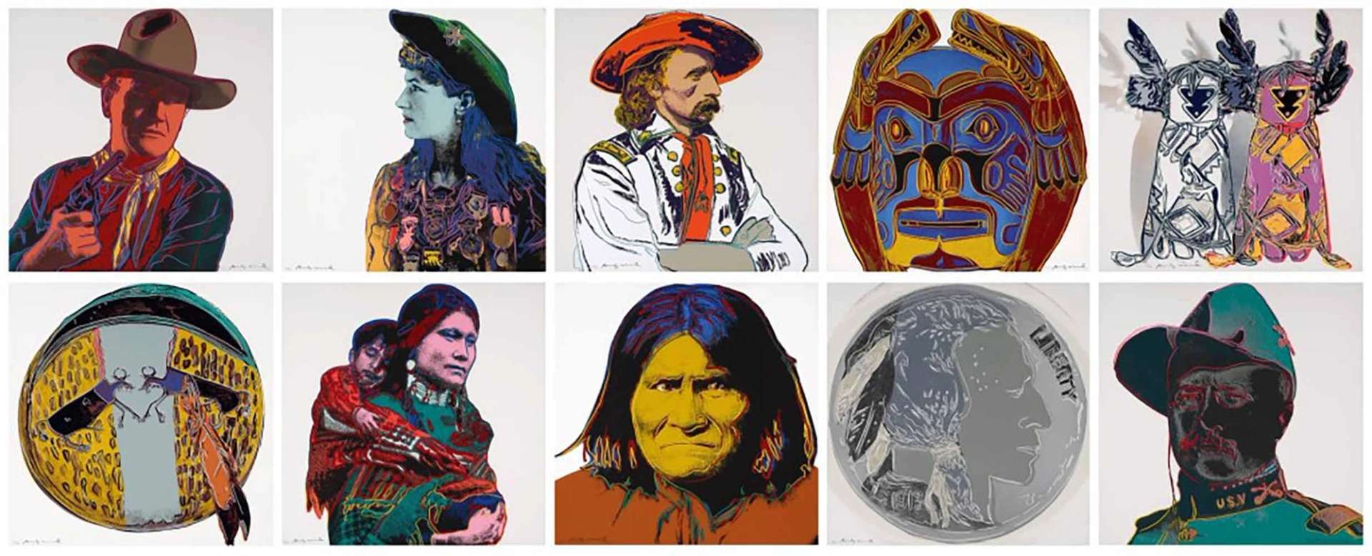 A set of 10 screenprints depicting icons of Western culture in bright colours against a white background.