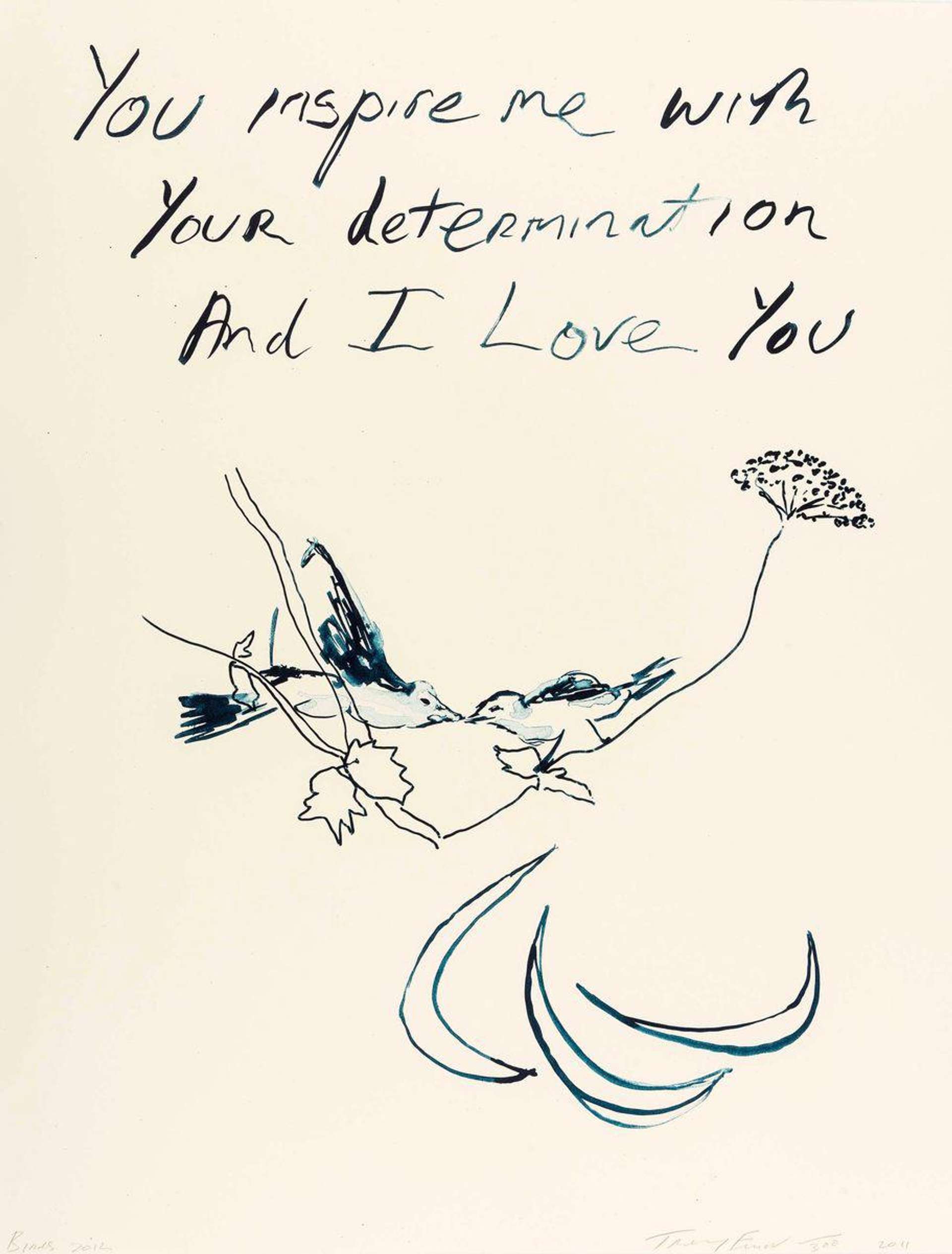A painting by Tracey Emin that reads "You Inspire Me And I Love You" above a scene of birds and flowers in navy blue against a white background. 
