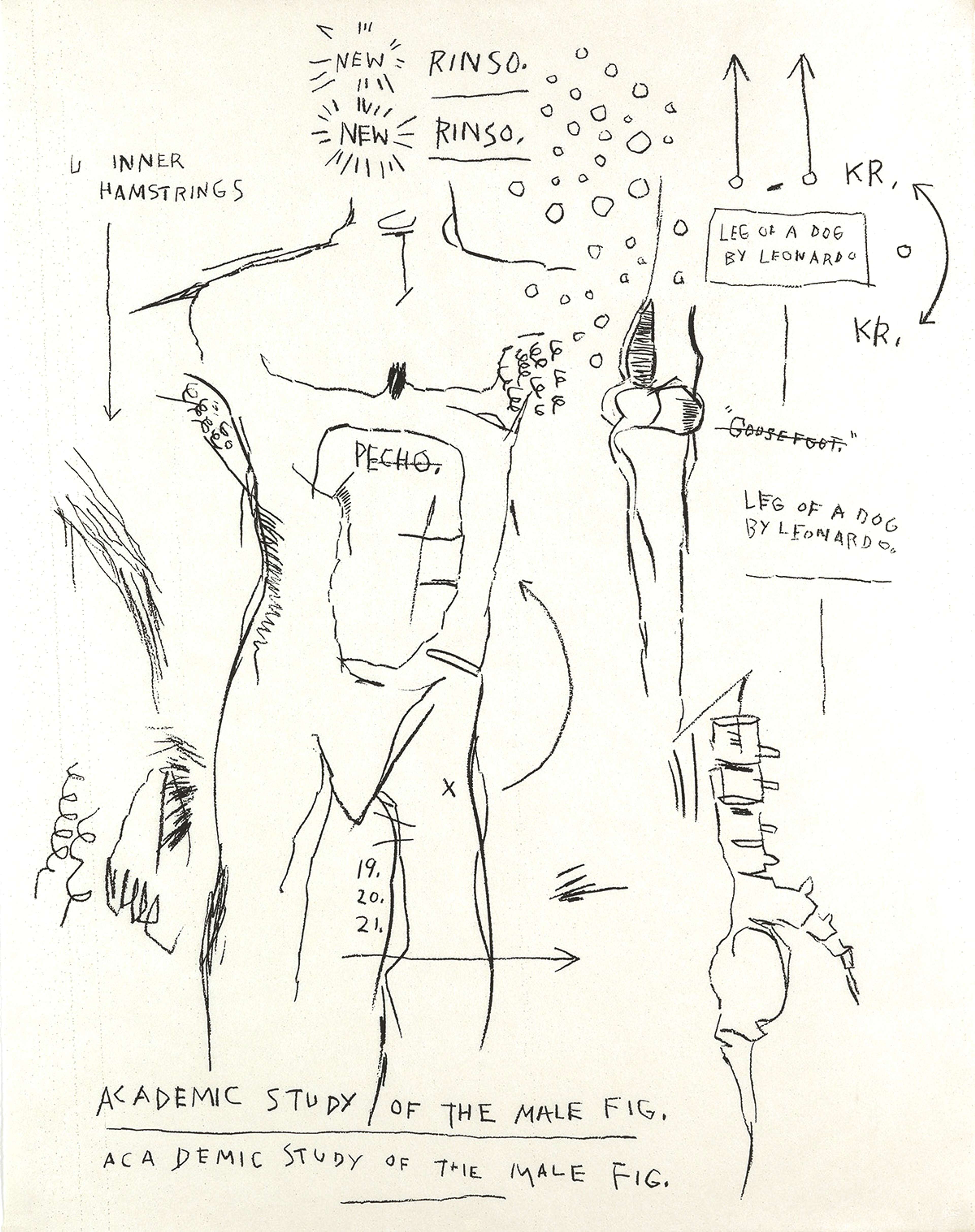 A screenprint depicting an anatomical drawing of a headless male figure, with various other labelled anatomical elements surrounding the figure.