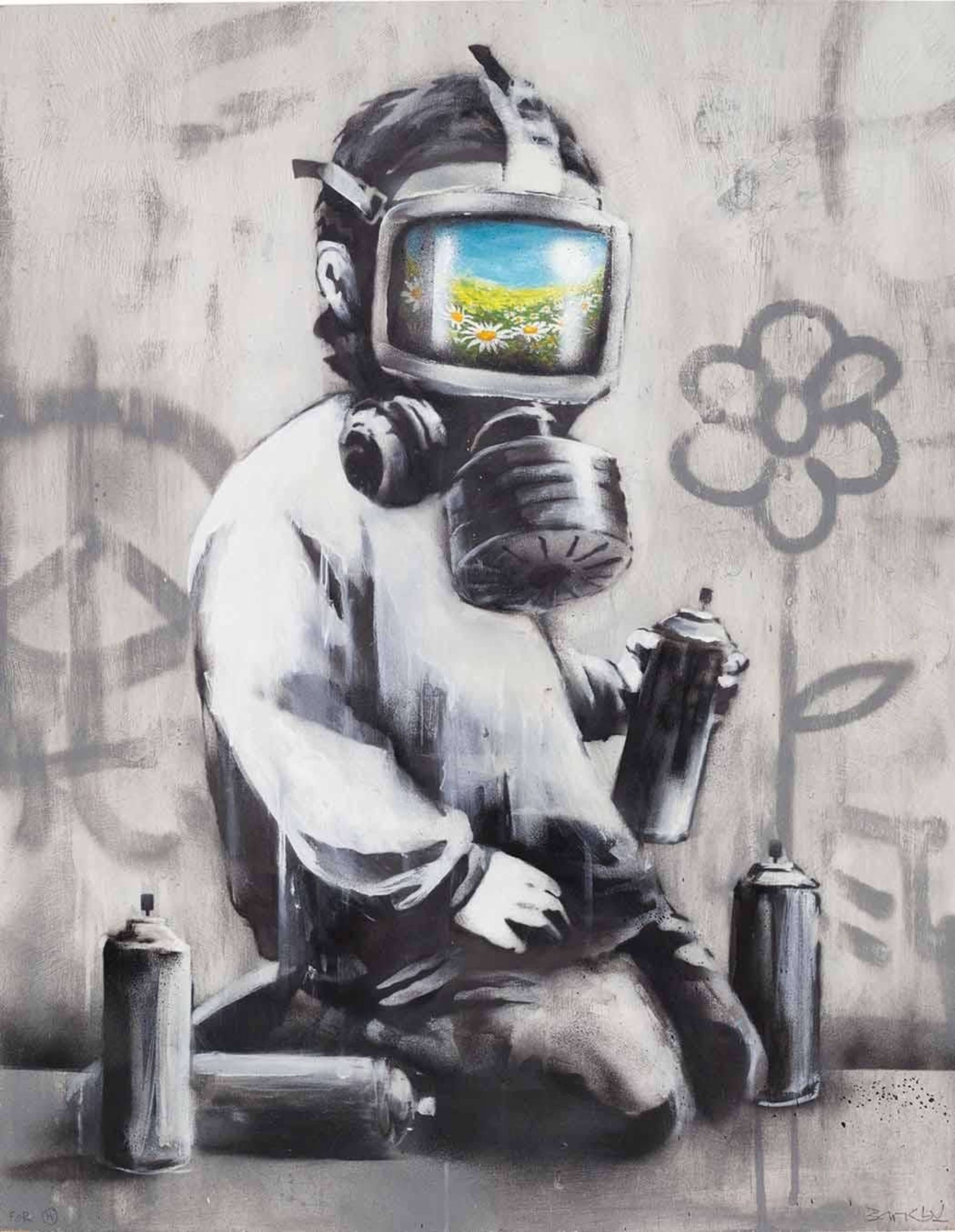 Banksy's Gas Mask Boy. A spray paint work of a child holding paint cans, painting the wall with graffiti while wearing a gas mask with a colorful landscape on its visor.