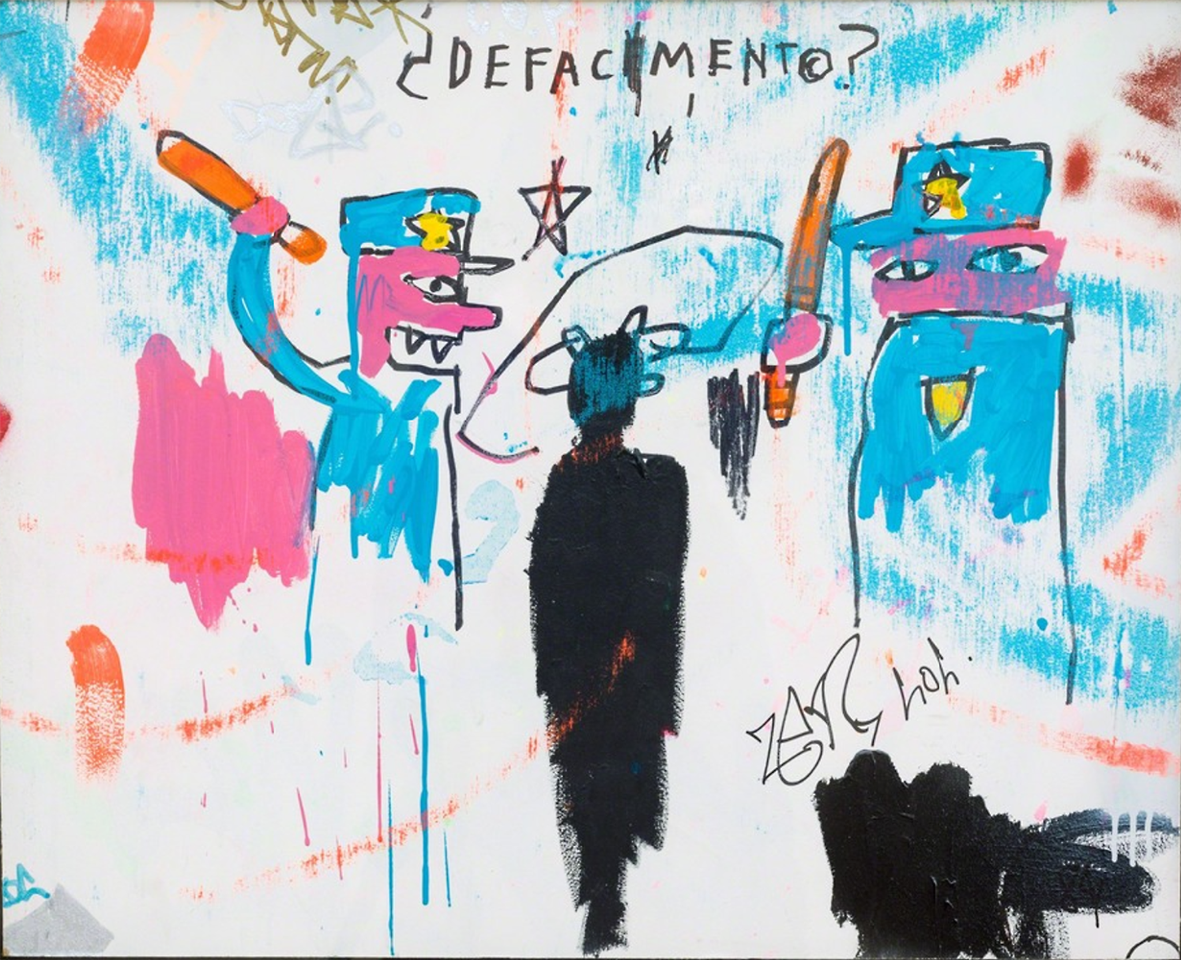 Jean-Michel Basquiat’s Defacement (The Death of Michael Stewart). A Neo-Expressionist depiction of two policemen assaulting a black figure in the centre of the painting.