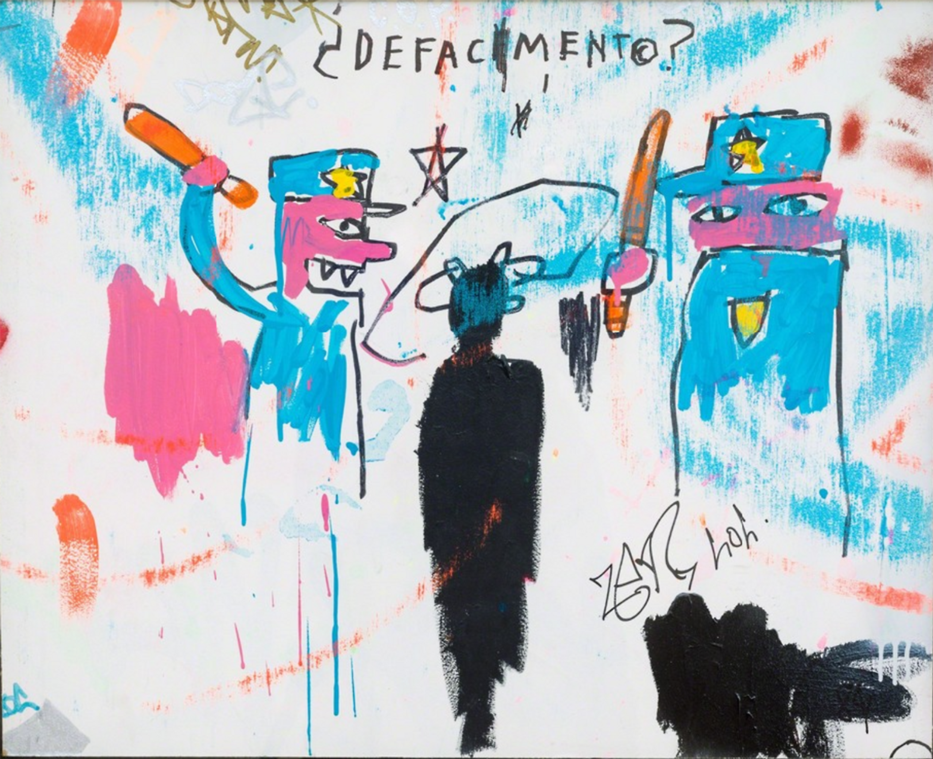 Jean-Michel Basquiat’s Defacement (The Death of Michael Stewart). A Neo-Expressionist depiction of two policemen assaulting a black figure in the centre of the painting.