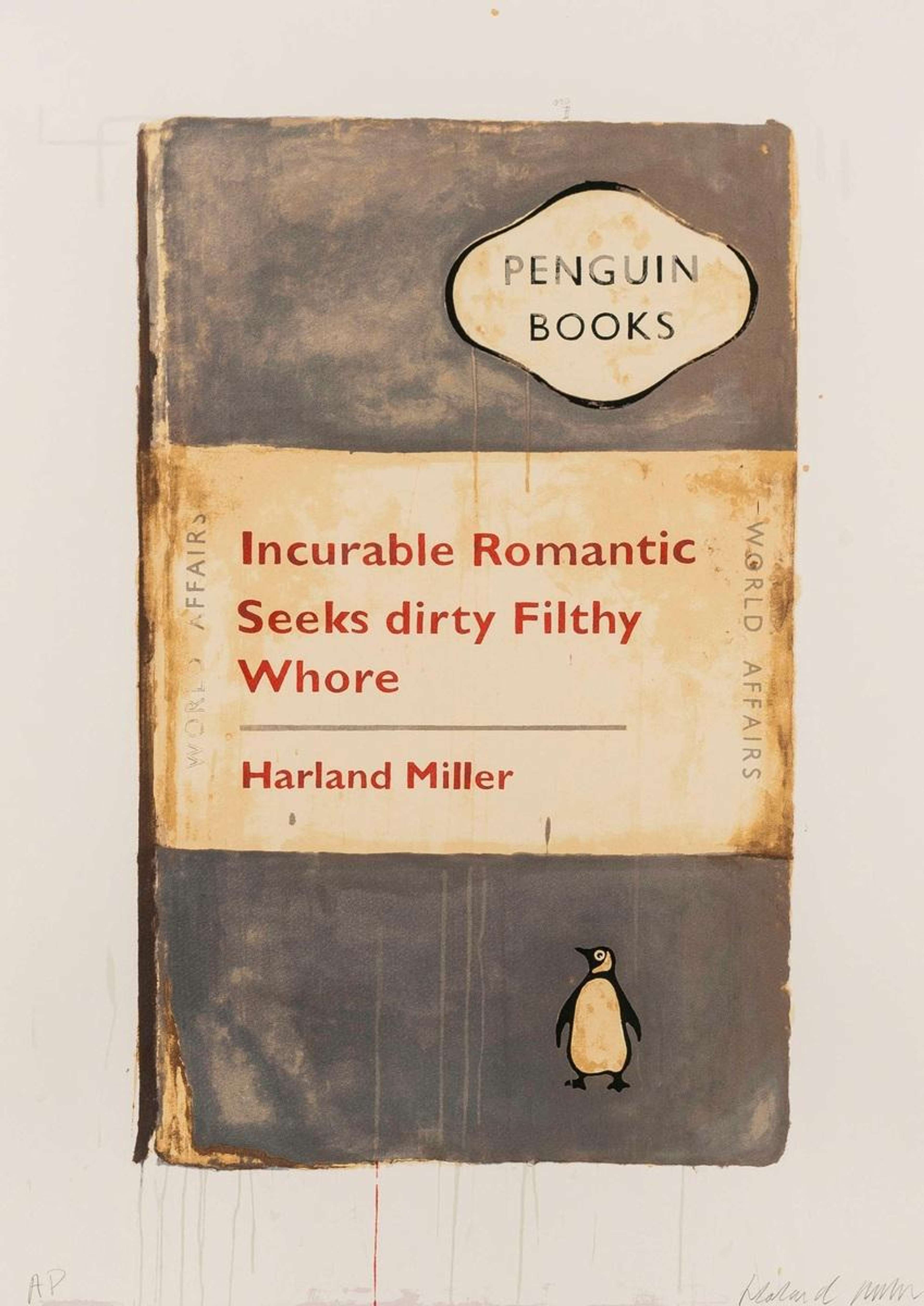 Painted Penguin book cover with the title “Incurable Romantic Seeks Dirty Filthy Whore”