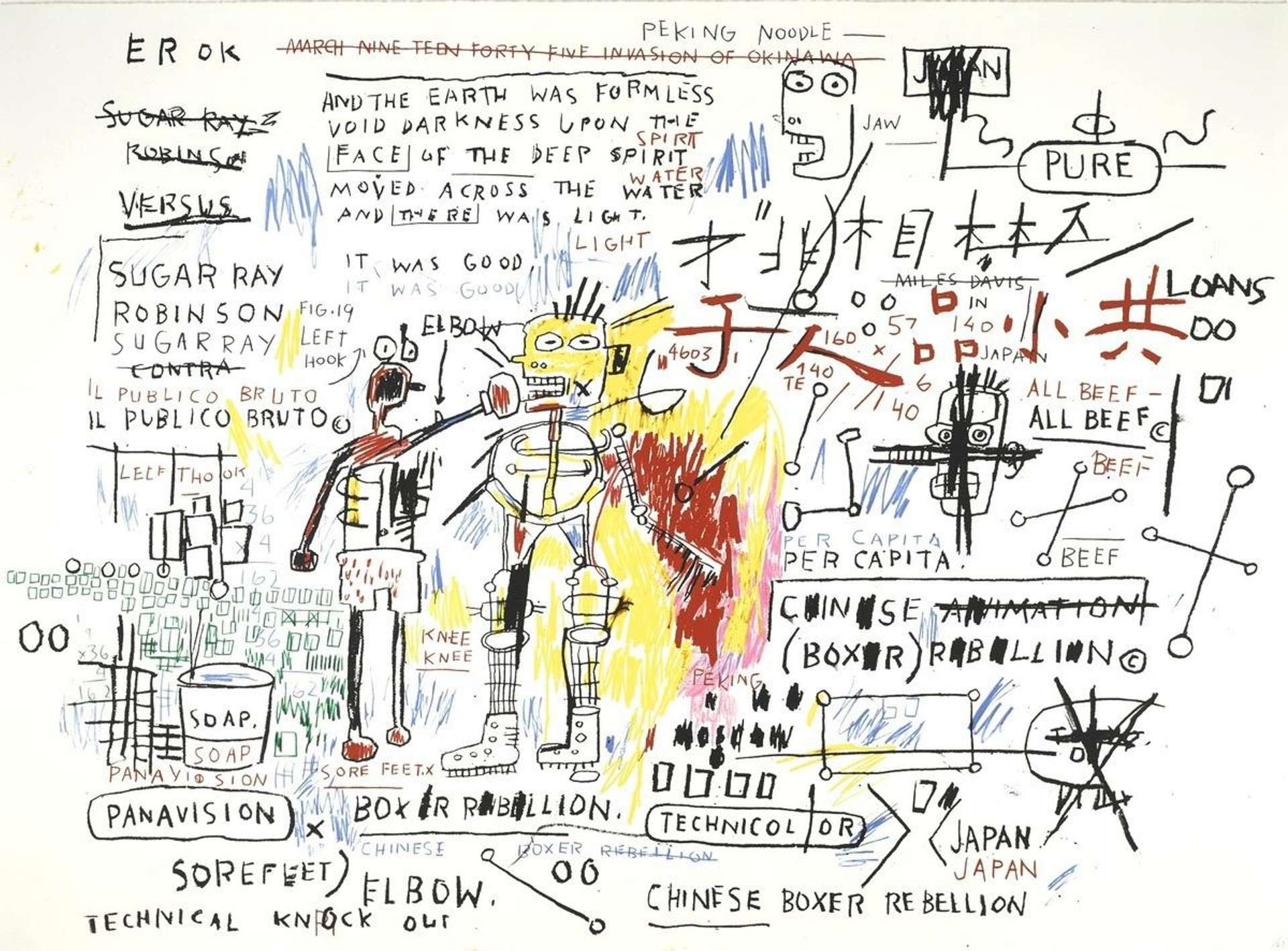 Jean-Michel Basquiat’s Boxer Rebellion. A Neo-Expressionist screenprint of a variety of texts, symbols, and characters against a white background. 