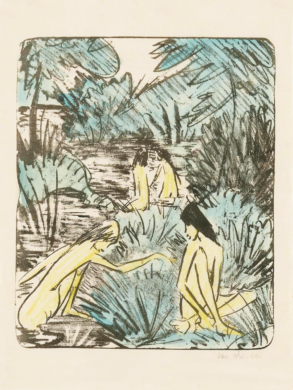 Otto Mueller Waldsee Mit Drei Badenden Und Einem Sitzenden Mädchen