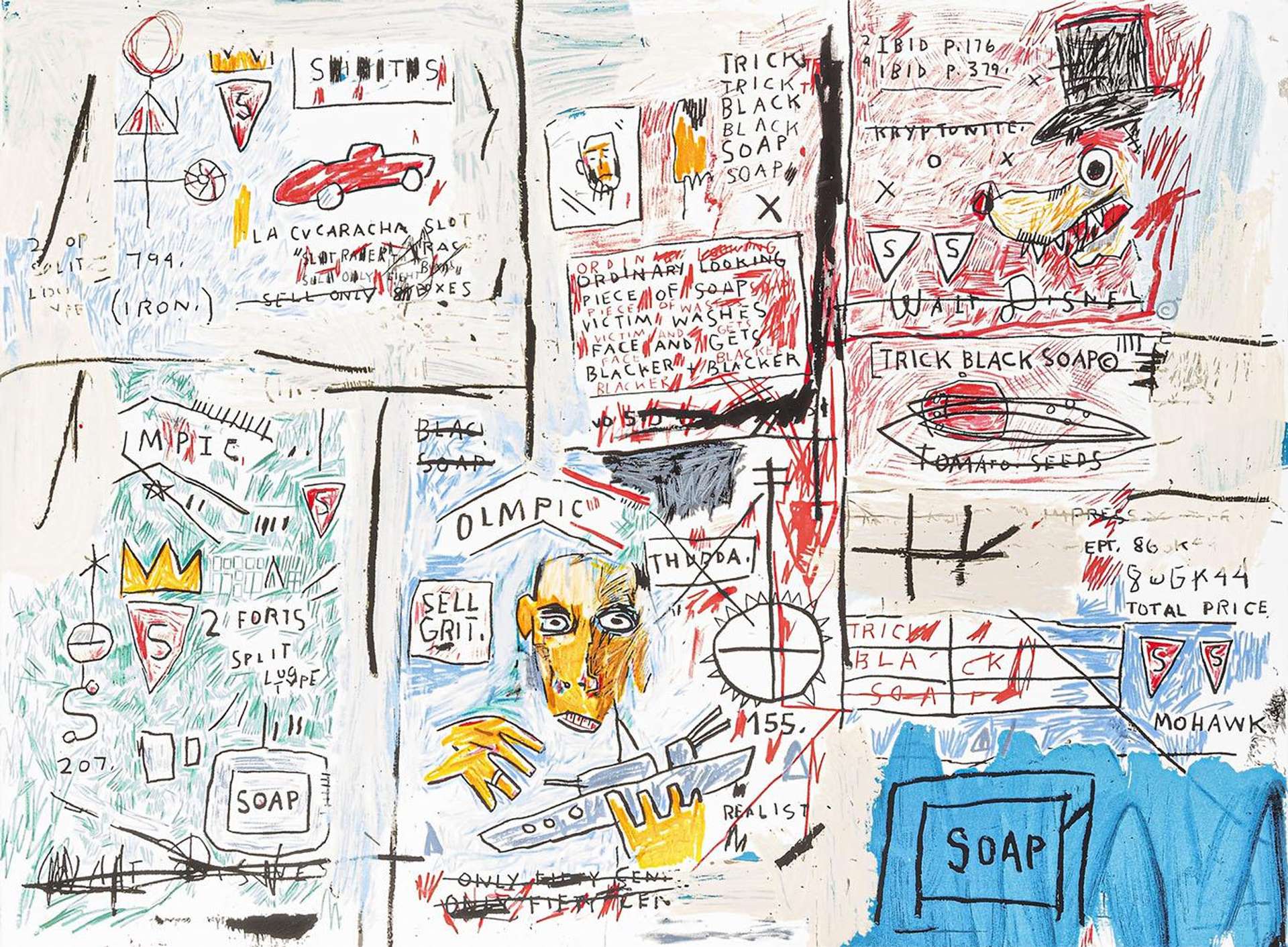A mixed media artwork titled "Olympic" created by Jean-Michel Basquiat in 1984, featuring a central figure with a toy boat in hand, surrounded by scribbled text and roughly sketched objects.