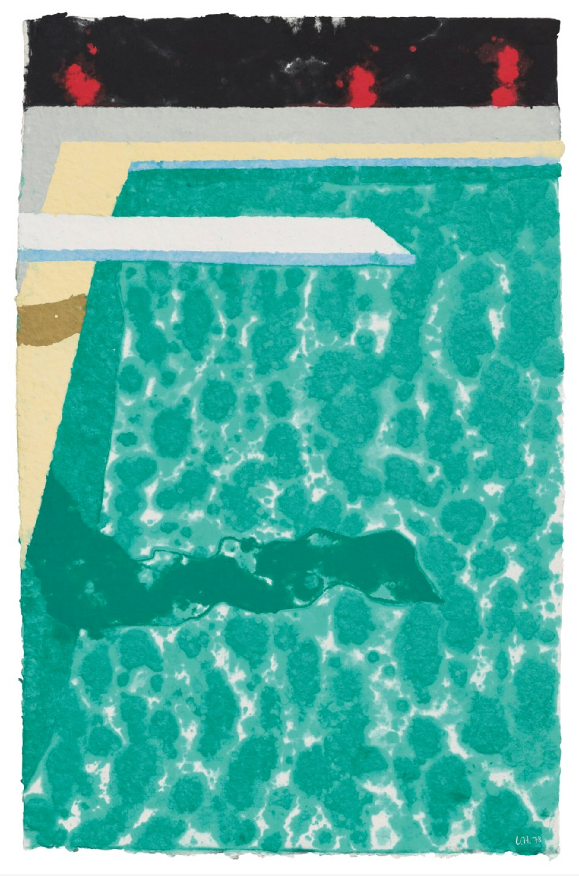 A pressed paper pulp work by David Hockney depicting a green swimming pool and white diving board which stretches into the centre of the composition.