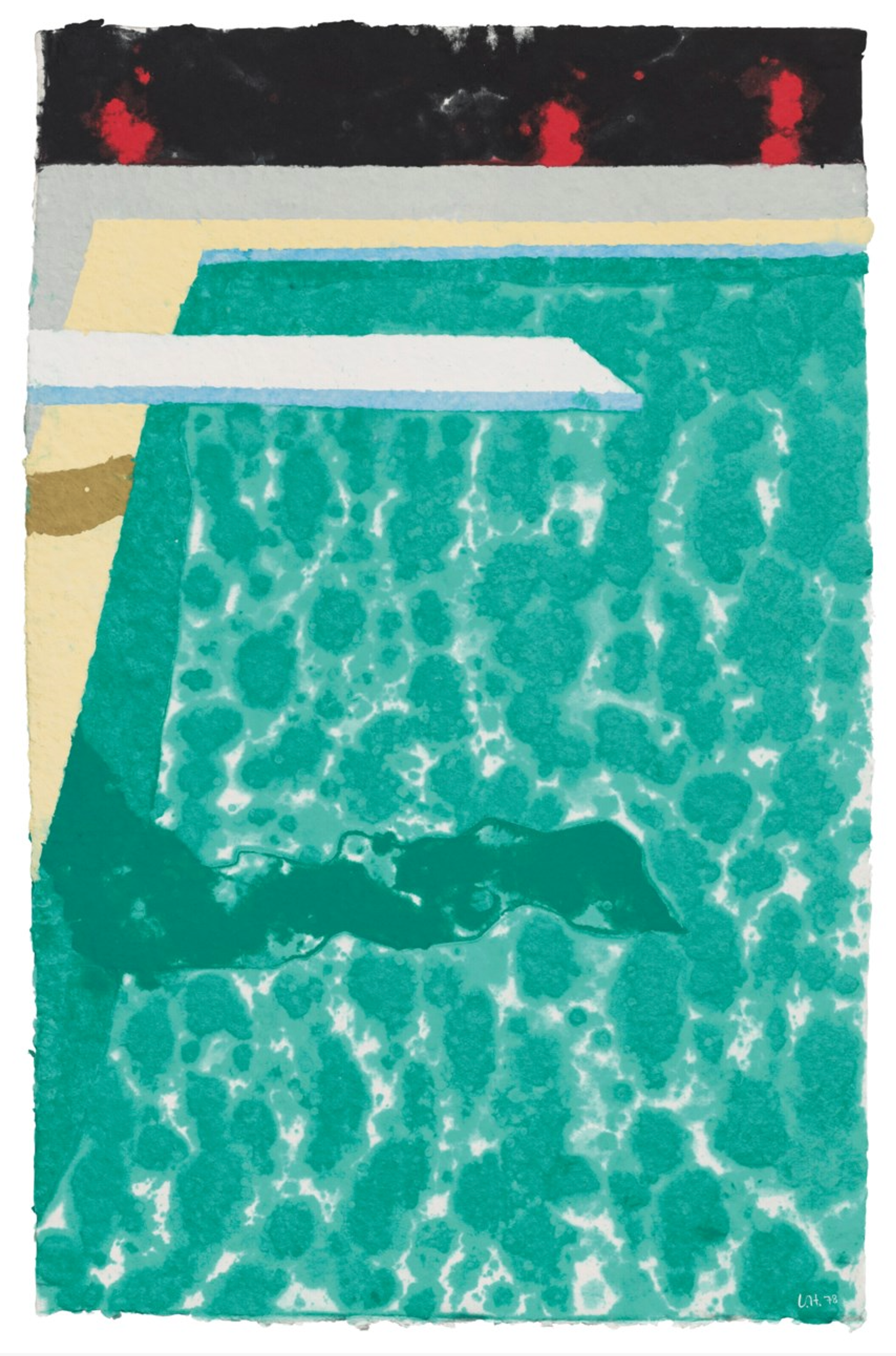 A pressed paper pulp work by David Hockney depicting a green swimming pool and white diving board which stretches into the centre of the composition.