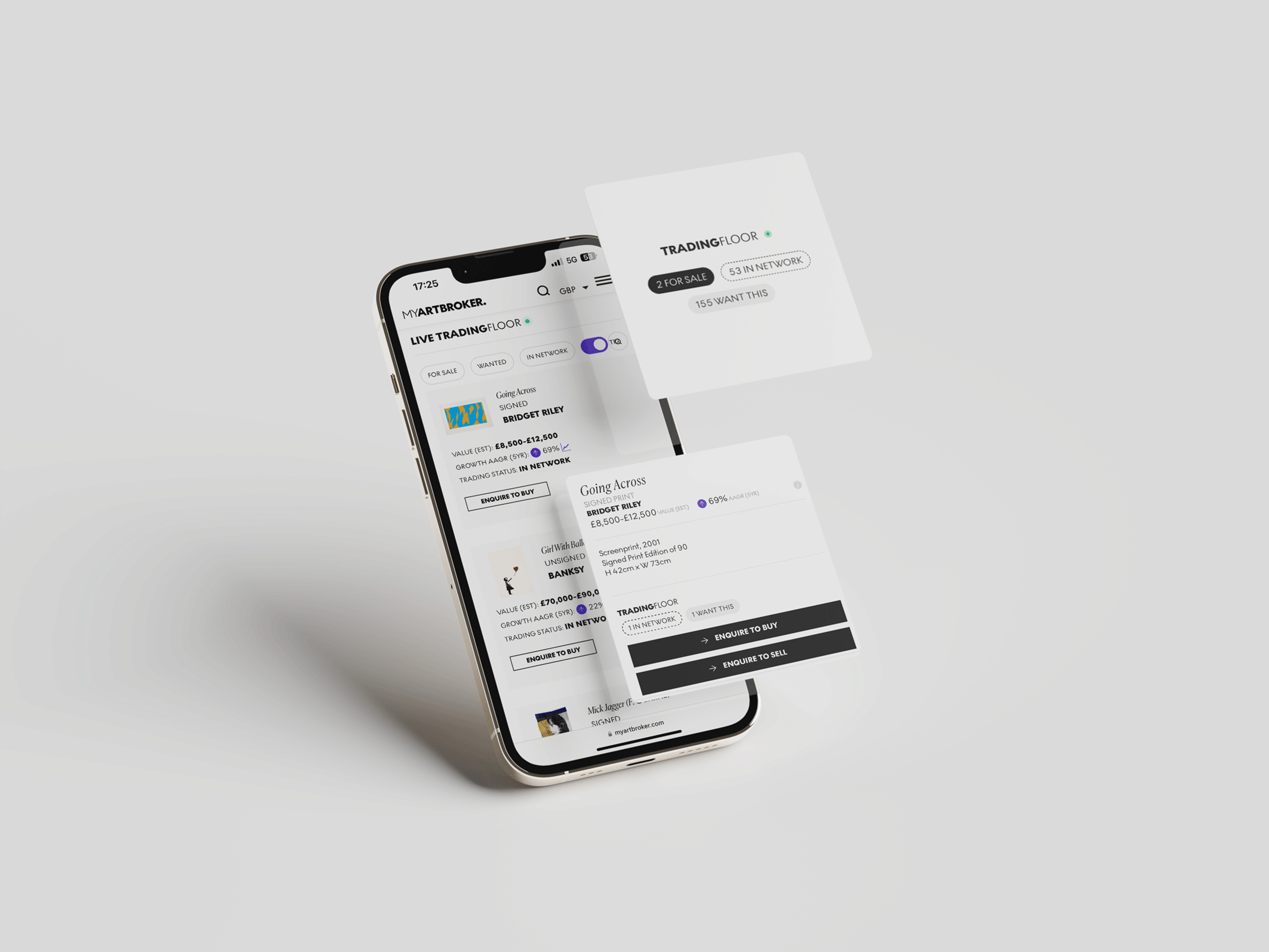 Graphic of a phone screen visualising the Trading Floor - MyArtBroker.