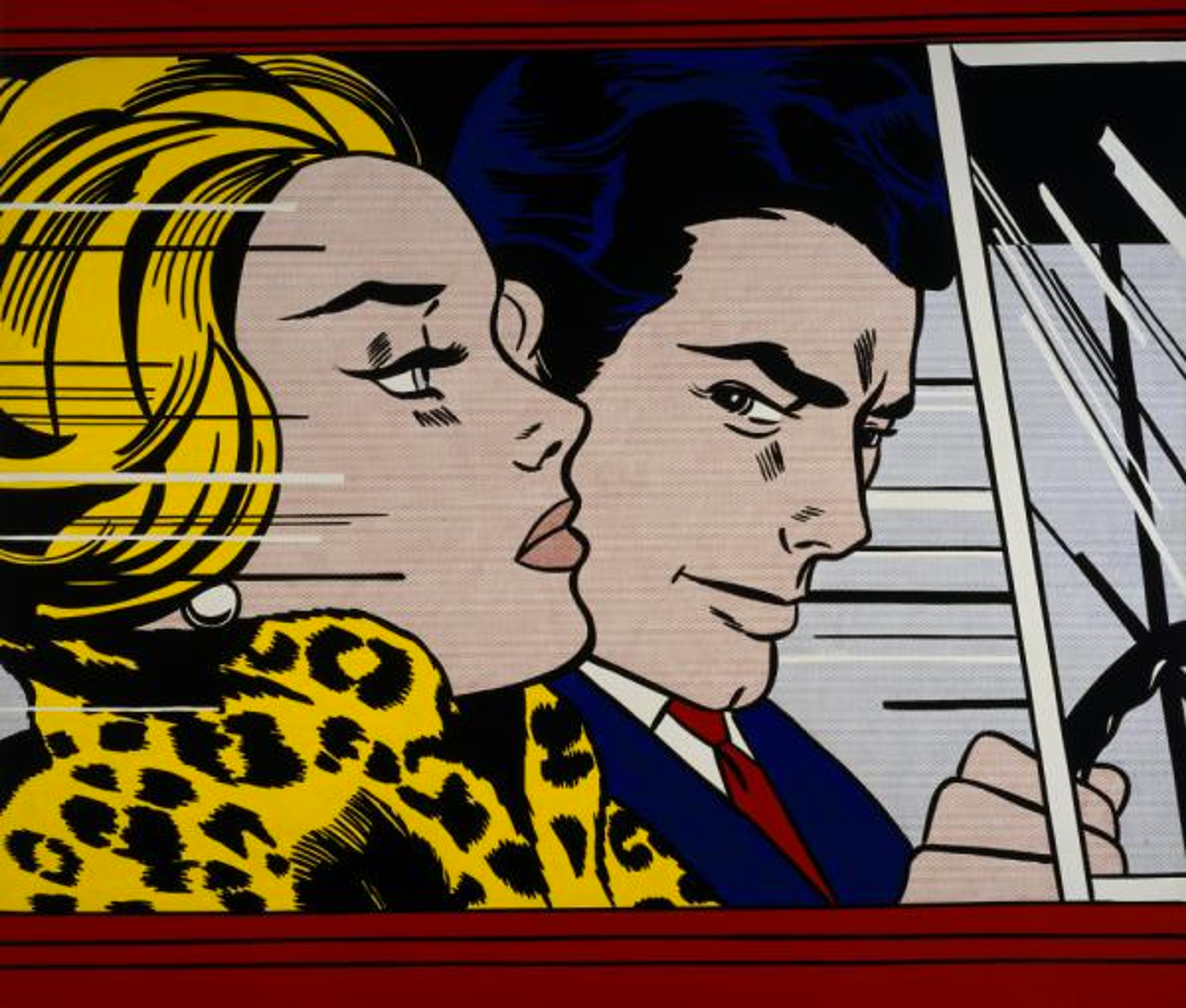 The painting depicts recognisable ‘types’ including the beautiful blonde woman and handsome, square-jawed man in a car. He glares as her as she looks ahead and they speed past in a car, with horizontal lines emphasising the speed and movement of the couple.