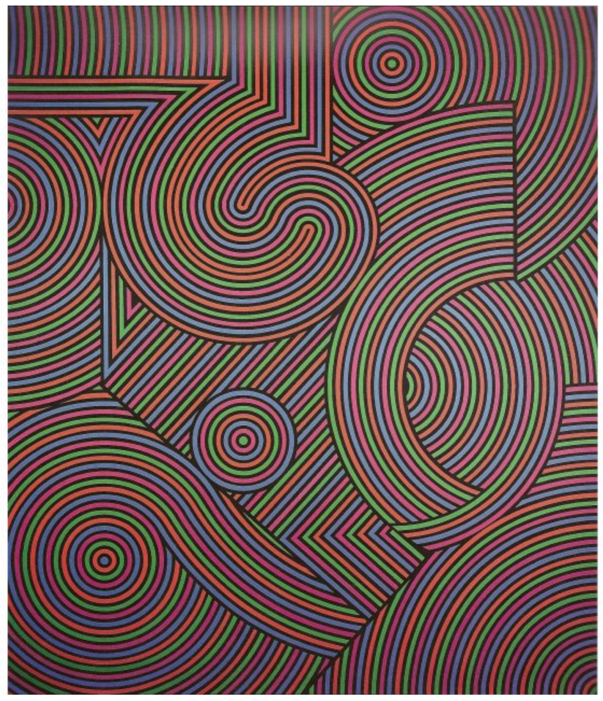 A grometric abstract artwork featuring puzzeled geometric forms made of straight and curved lines in repeating hues of red, black, purple, and green.