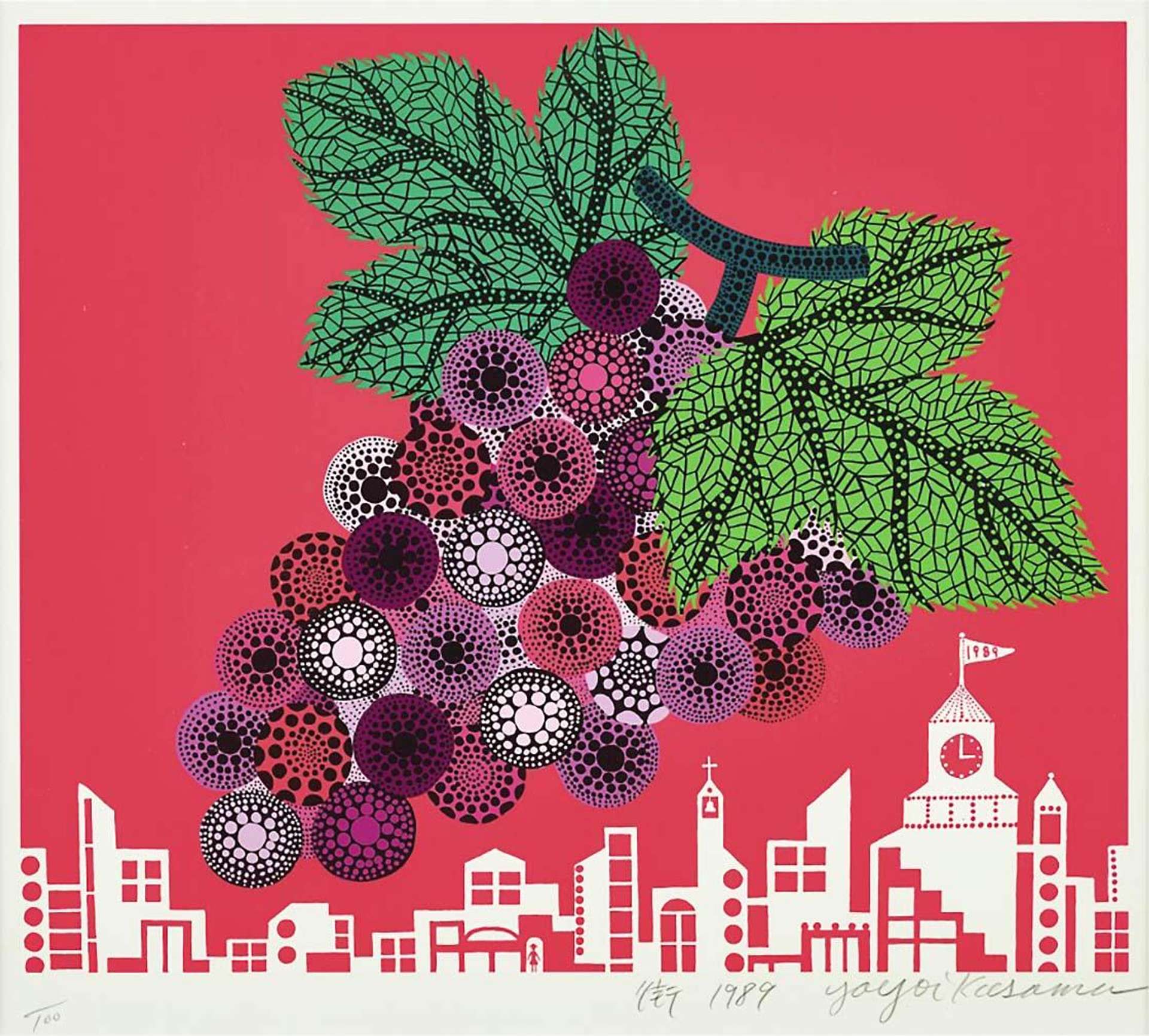 Yayoi Kusama’s Grapes In The City. A screenprint of grapes against a red background and city landscape. 